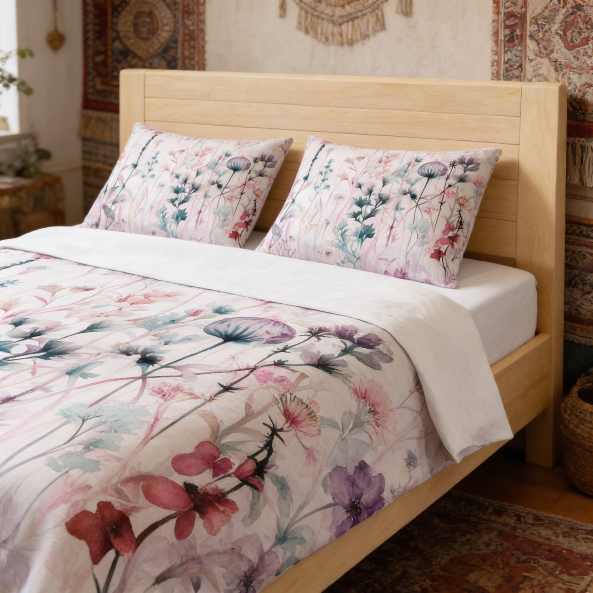 a bedroom with a bed featuring a floral print comforter and pillows. The bed is made up with a white sheet and a wooden headboard. The room has a colorful, patterned rug on the floor, and there is a potted plant in the corner.