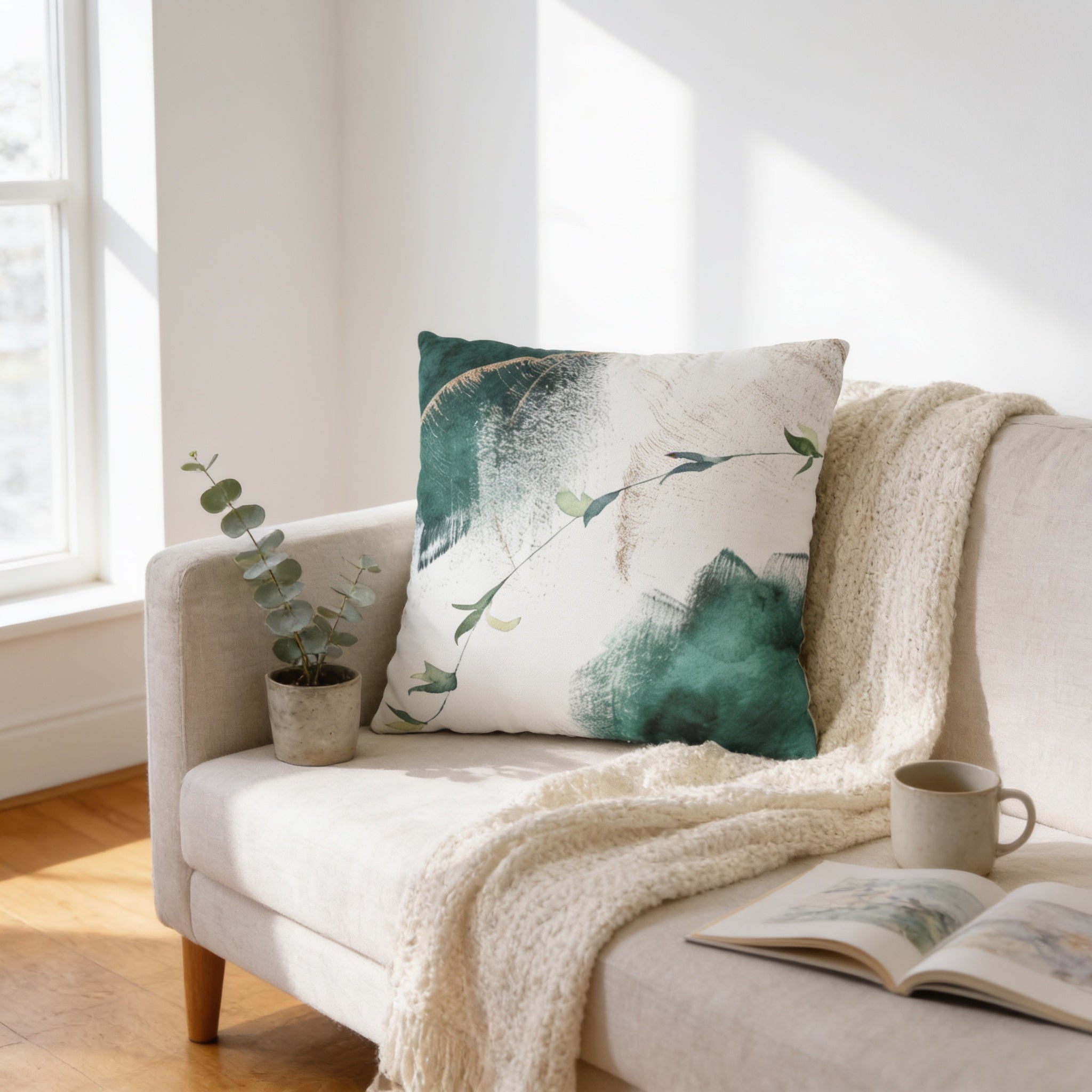 a cozy living room with a white sofa, a green and white throw pillow, a potted plant, and a book.