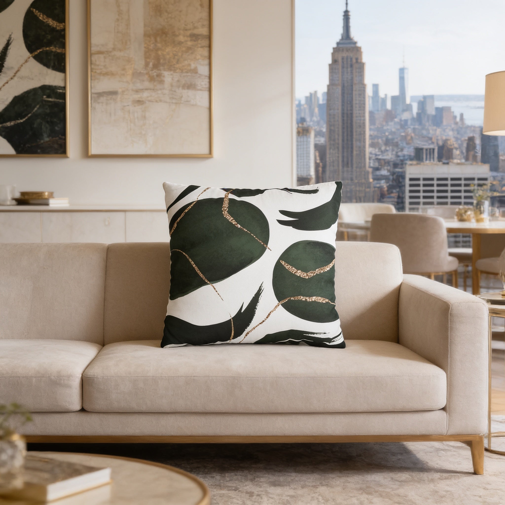 a living room with a beige sofa and a large abstract green and white pillow on it. In the background, there is a view of the New York City skyline, including the Empire State Building.
