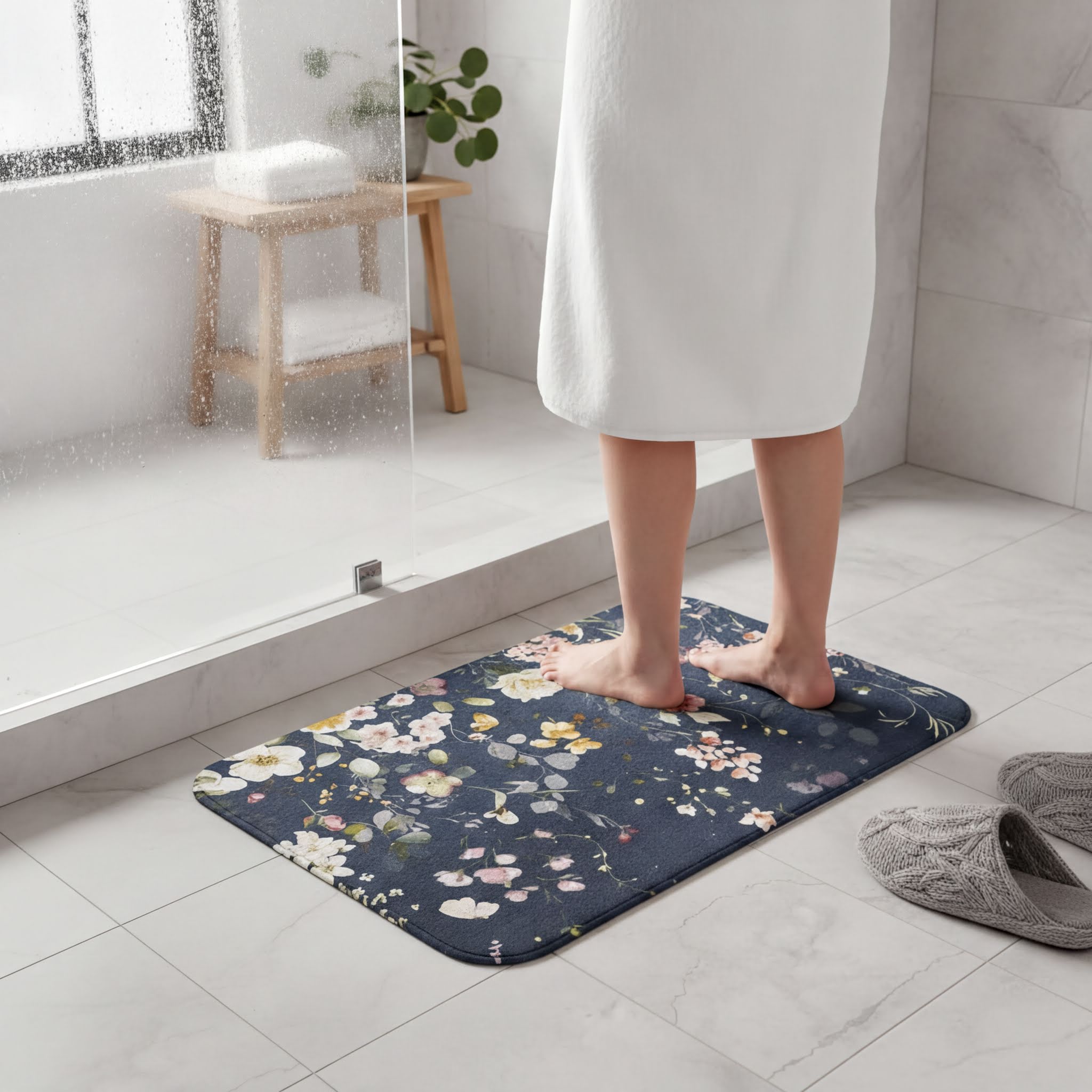A person stands in a bathroom, wearing a white bathrobe, with a floral-patterned bath mat on the floor in front of them.
