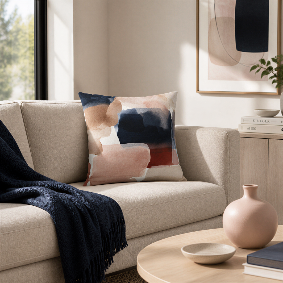 a cozy living room with a beige sofa, a blue throw blanket, and a wooden coffee table with a vase and a bowl. The room is illuminated by natural light coming through a window, and there is a framed abstract painting on the wall.