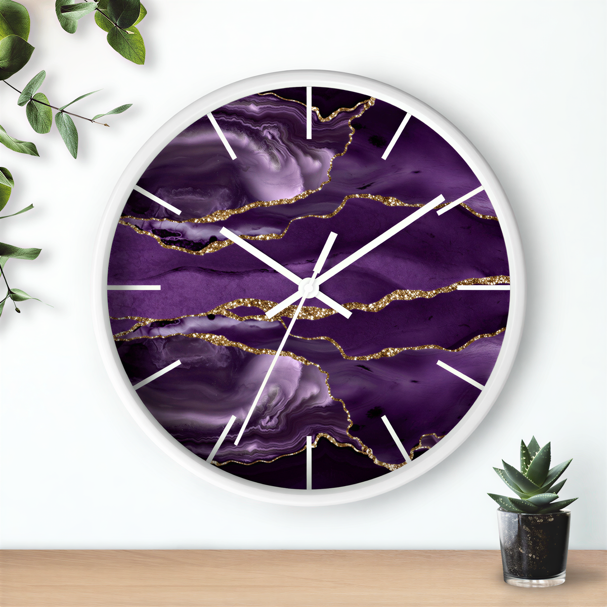 Marble Print Wood Wall Clock Purple Gold face detail