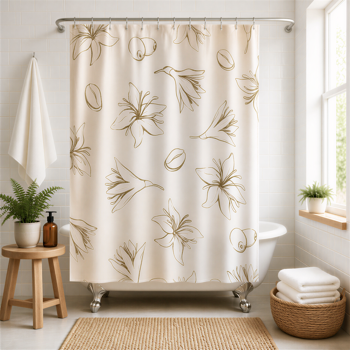 a bathroom with a shower curtain featuring a floral pattern, a wooden stool, a white bathtub, and a basket of towels.
