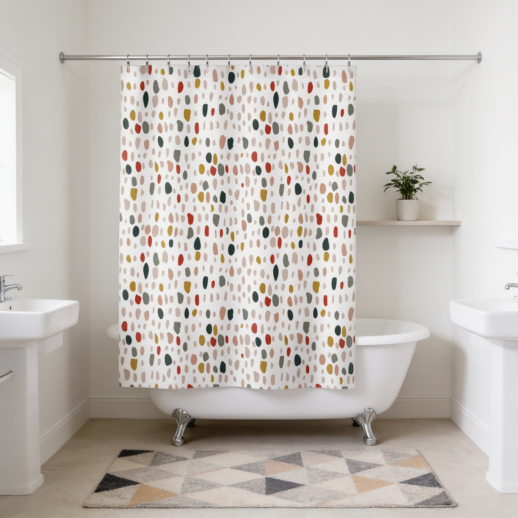 a bathroom with a white clawfoot bathtub, a shower curtain with a colorful polka dot pattern, and two white sinks.