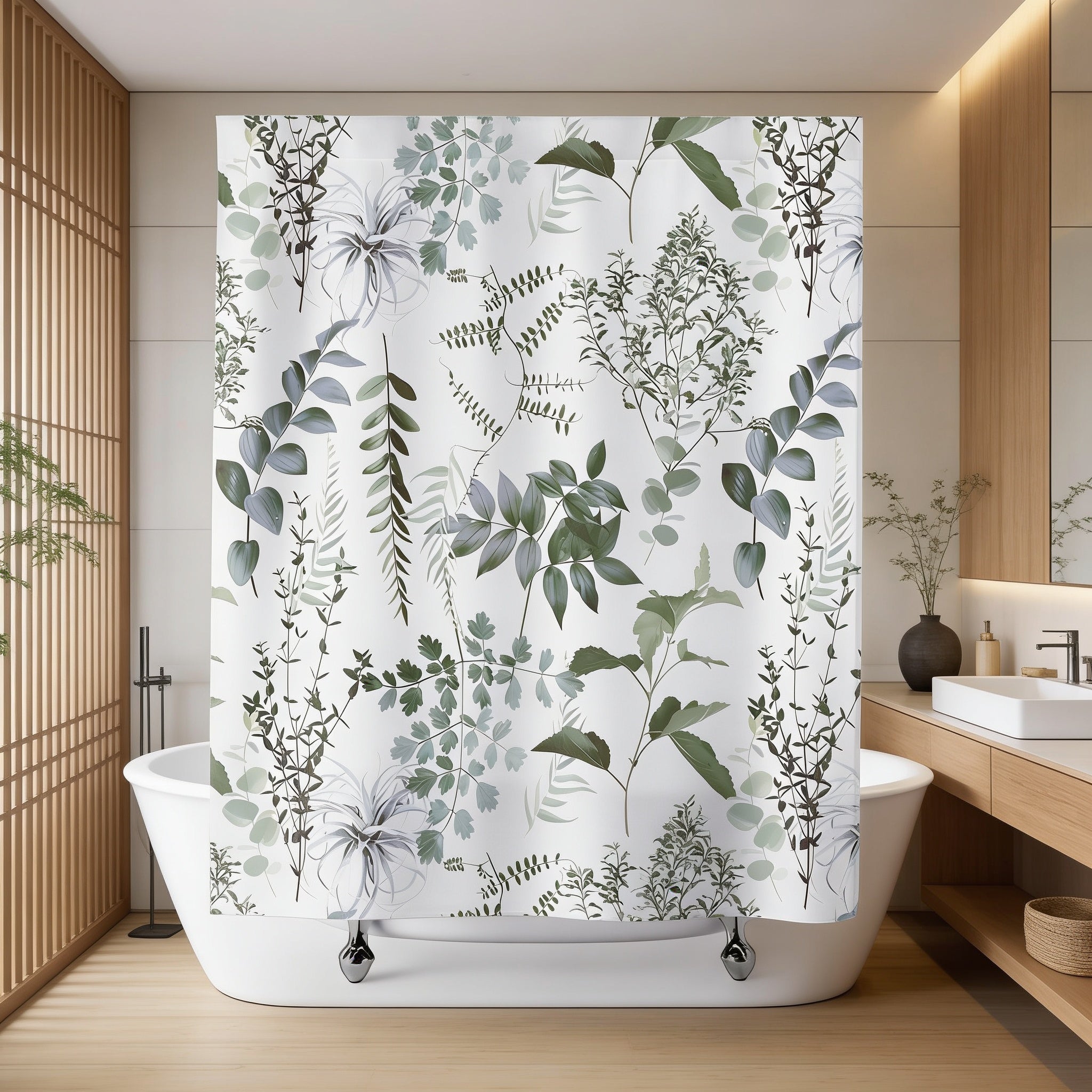 a modern bathroom with a white bathtub and a shower curtain adorned with a floral pattern in shades of green and gray.