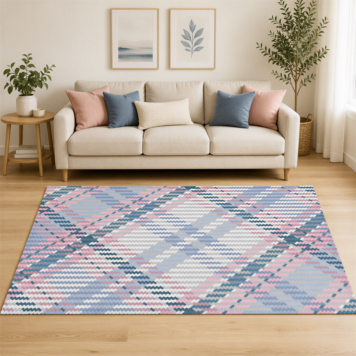 a cozy living room with a beige sofa, a large rug with a plaid pattern, and two framed pictures on the wall.