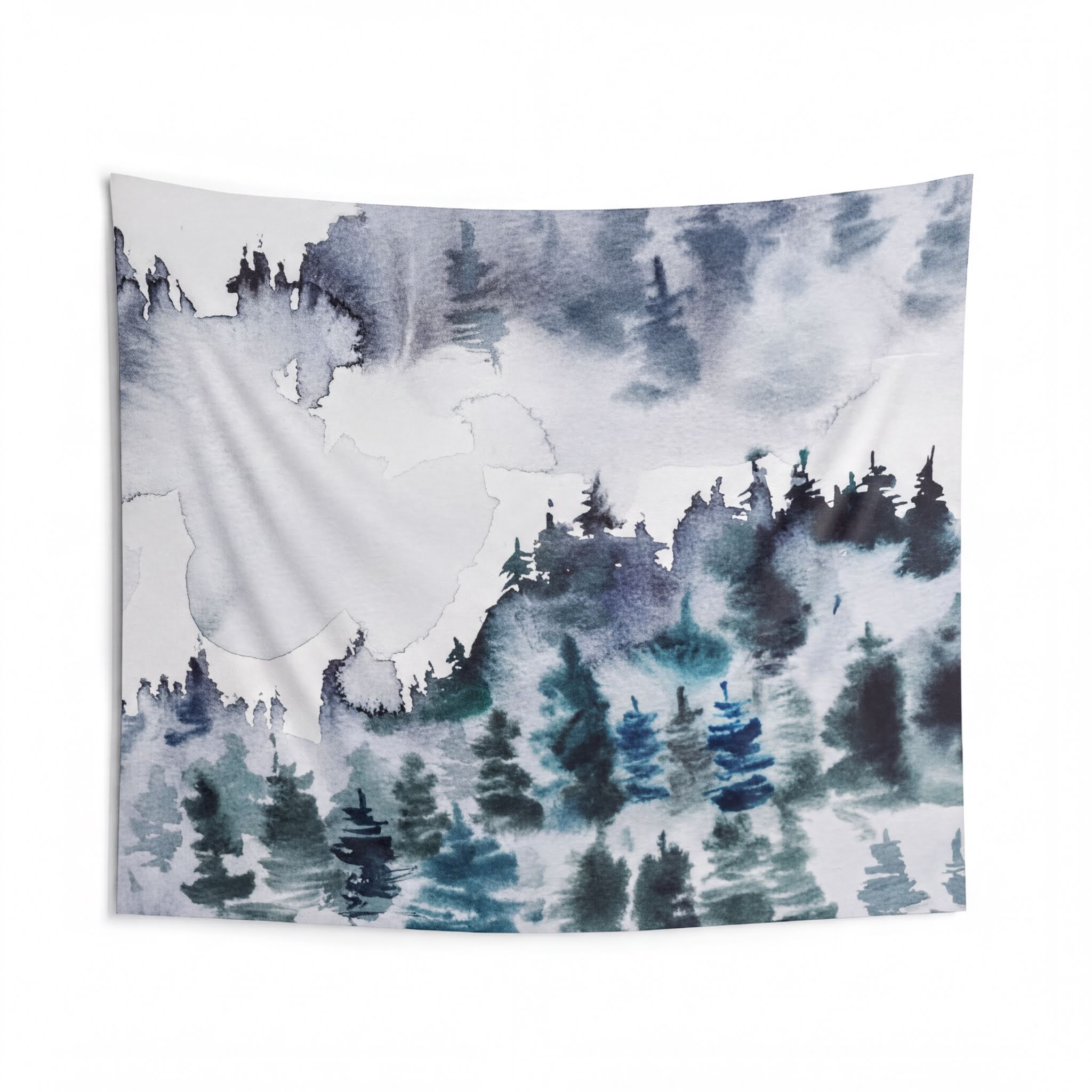 Landscape Tapestry Indigo Blue Grey Woodland Forest full view