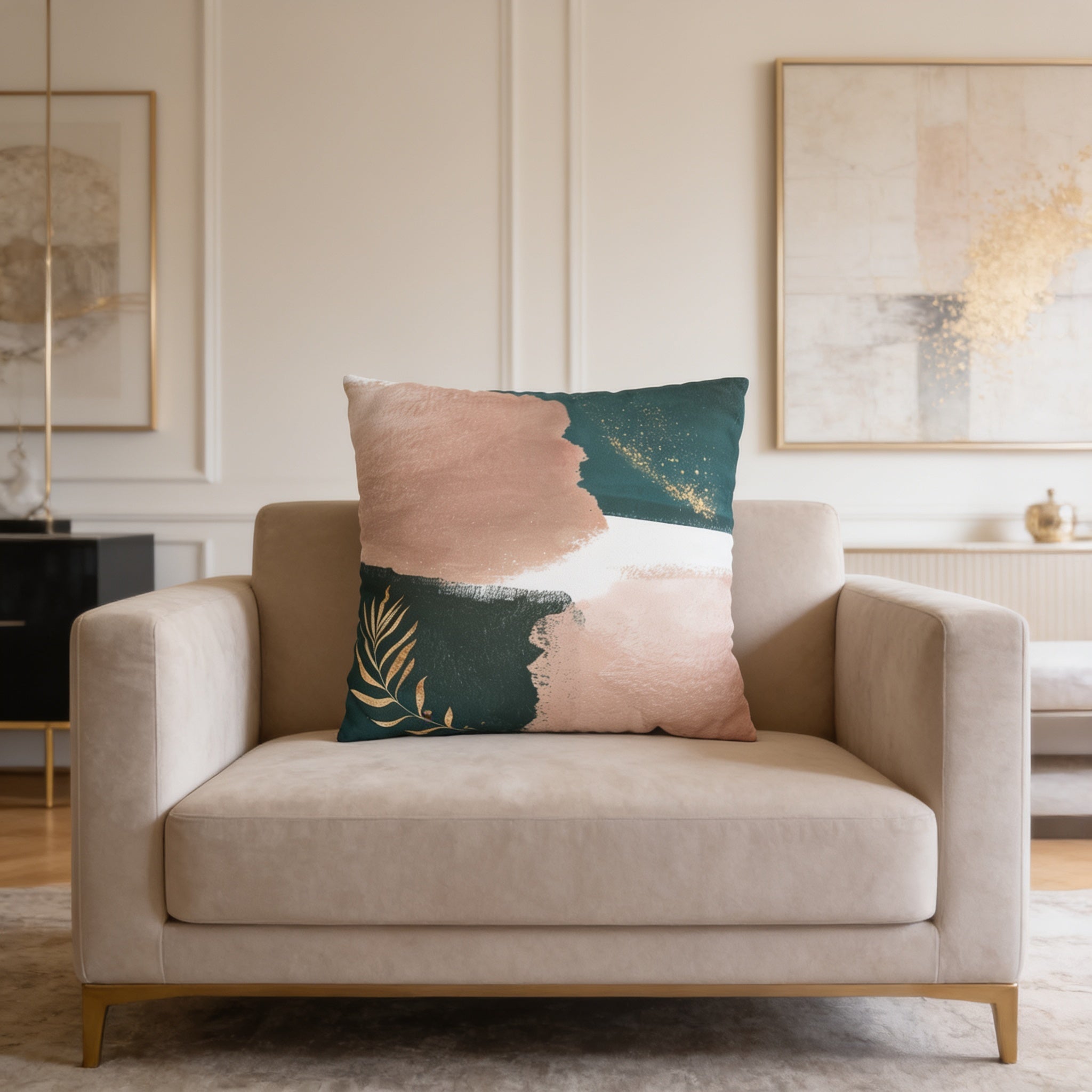 a beige armchair with a large, colorful throw pillow on it, placed in a living room setting with a white wall and a framed artwork above it.