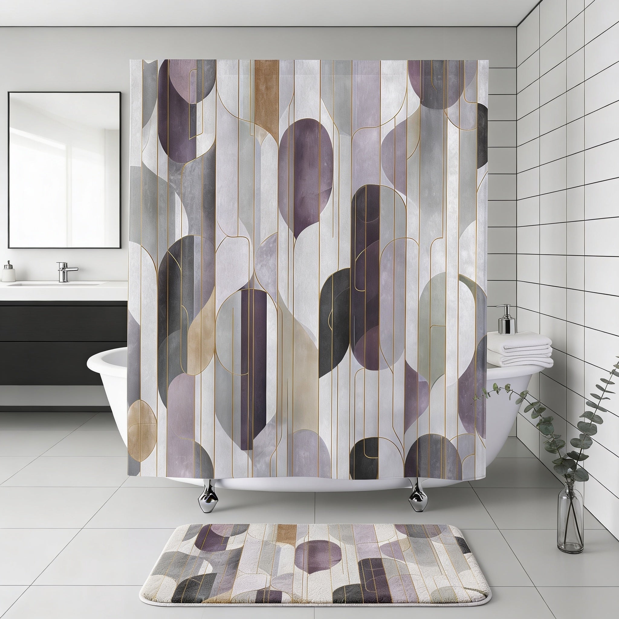 a modern bathroom with a large abstract patterned shower curtain, a white bathtub, a sink, and a mirror. The bathroom has a minimalist and clean design, with white tiles and a neutral color palette.