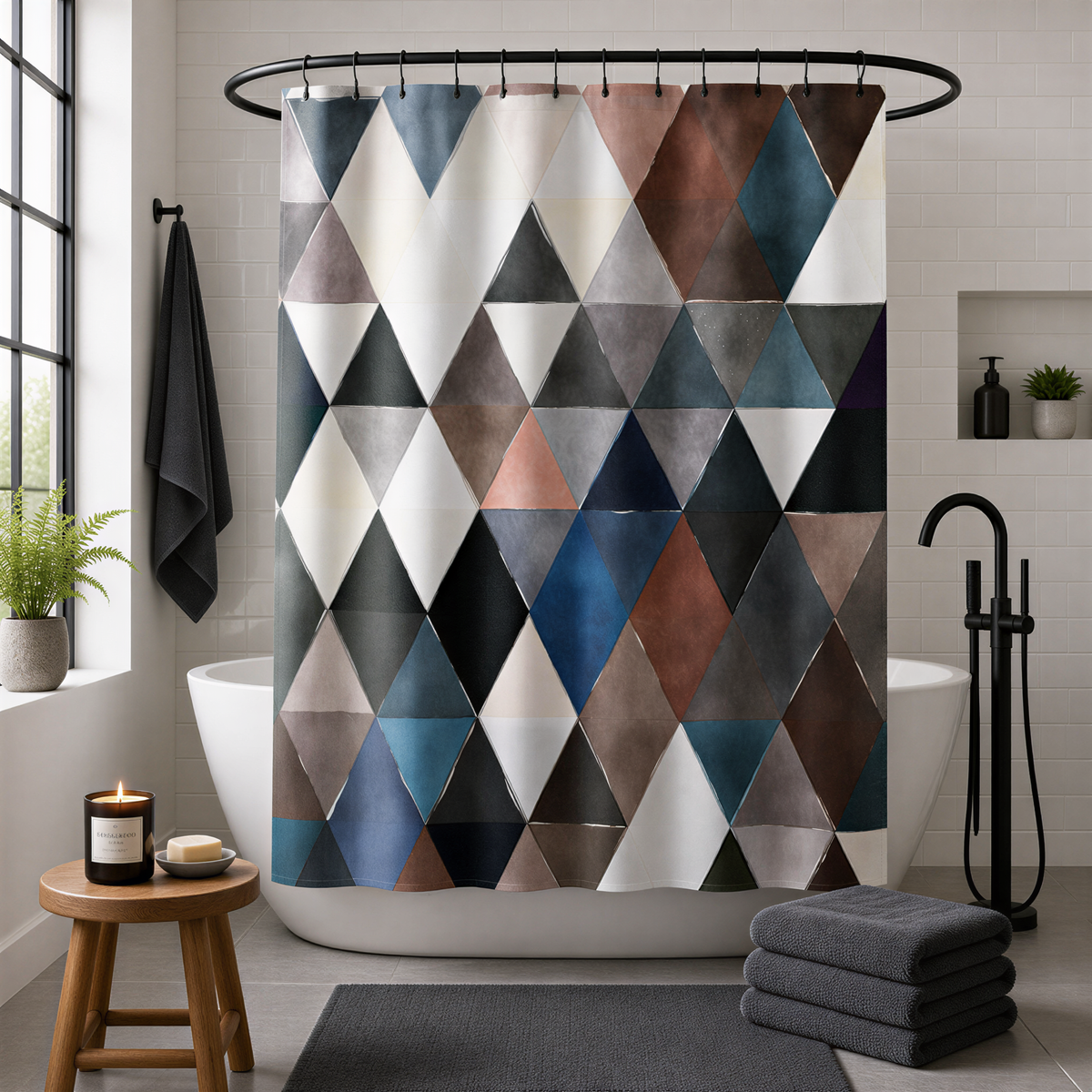 a modern bathroom with a geometric patterned shower curtain, a wooden stool, a potted plant, and a black bathtub.