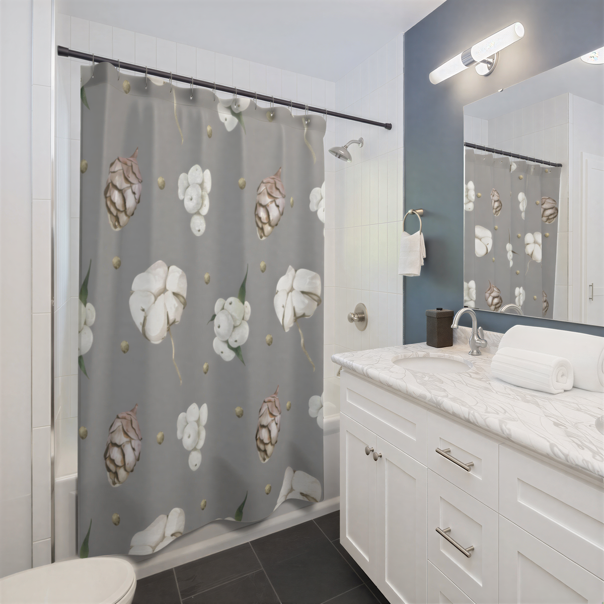 Christmas Shower Curtain Gray Cotton Flowers hanging in a bathroom