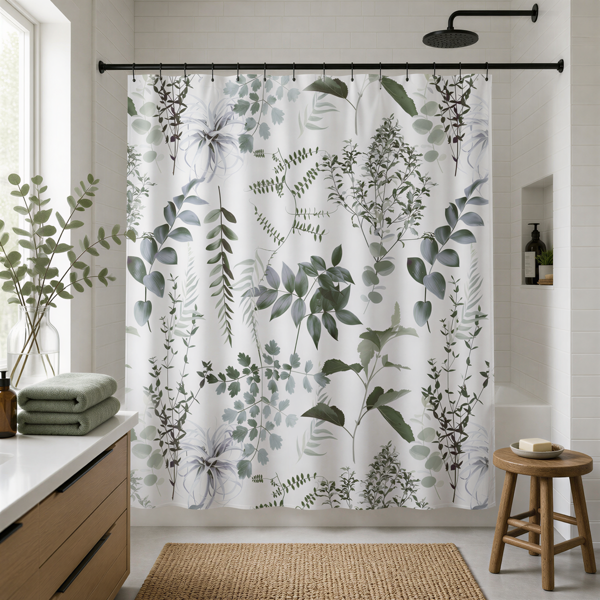 a bathroom with a shower curtain adorned with a floral pattern in shades of green and gray. The shower curtain is hanging from a rod, and there is a wooden stool in the foreground. The bathroom also includes a window, a sink, and a bottle on the countertop.