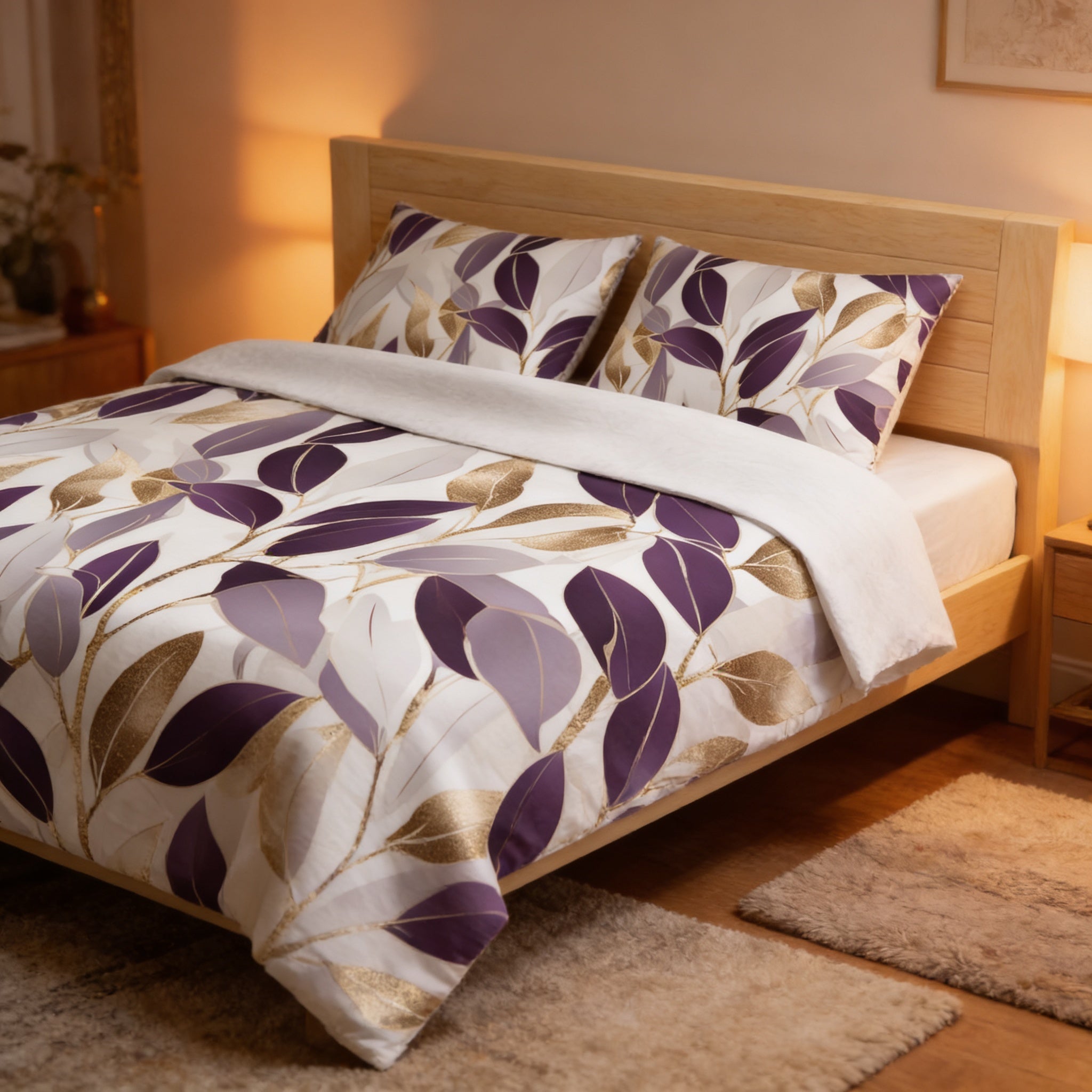 a bedroom with a bed featuring a white and purple leaf-patterned comforter and matching pillows. The bed is positioned against a wall with a wooden headboard. The room has a warm, cozy atmosphere with a rug on the floor and a lamp providing soft lighting.