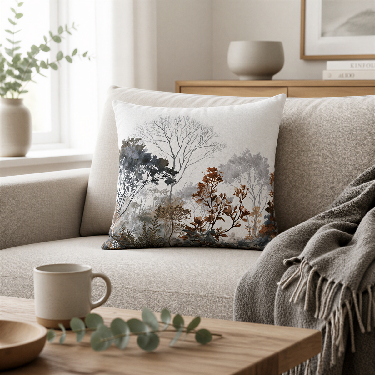 a cozy living room with a beige sofa, a wooden coffee table, and a decorative pillow with a nature scene. There is also a vase of greenery and a mug on the coffee table.