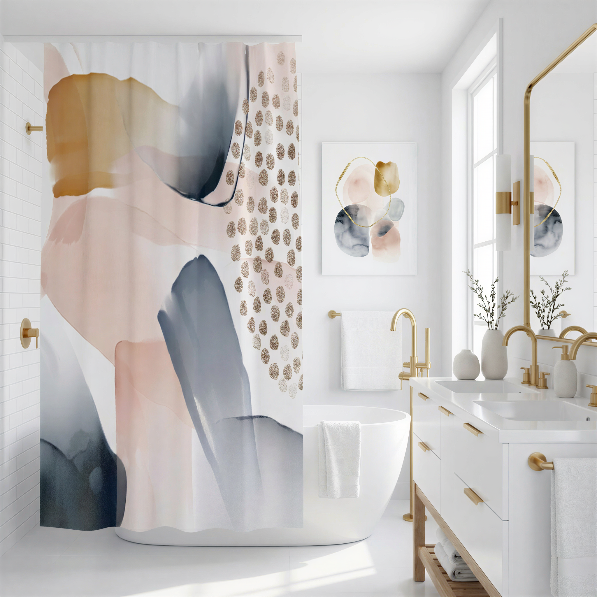 a modern and stylish bathroom with a white color scheme and gold fixtures. The focal point is a large abstract painting on the wall, which adds a unique and artistic touch to the space. The bathroom also includes a freestanding bathtub, a vanity with a double sink, and a mirror.