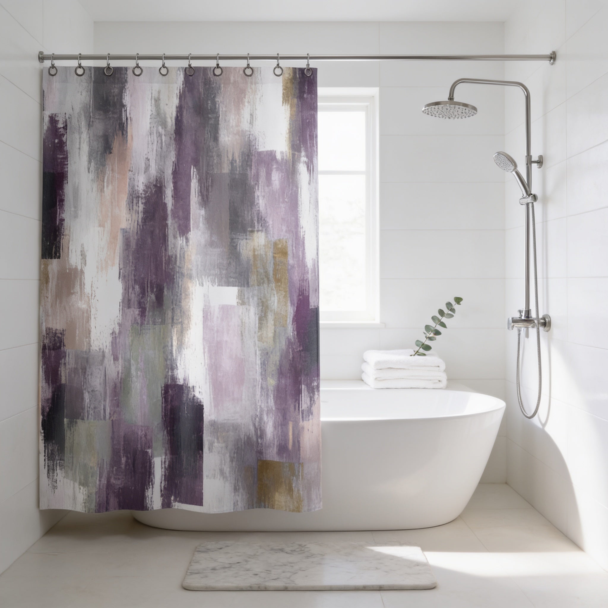 a modern bathroom with a white bathtub, a shower curtain with a purple abstract design, and a window above the bathtub.