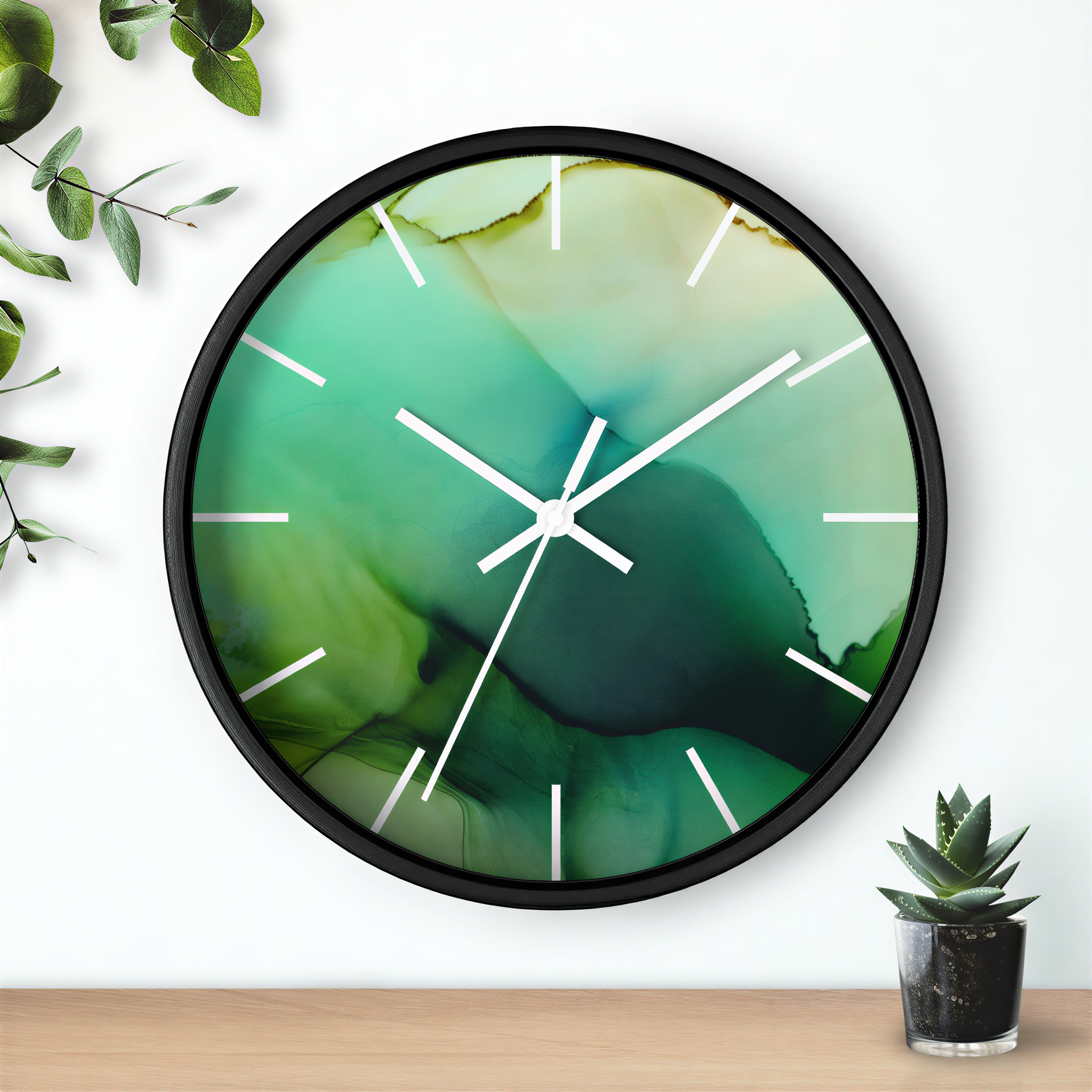 Wood Wall Clock Green Ombre hanging above a console table