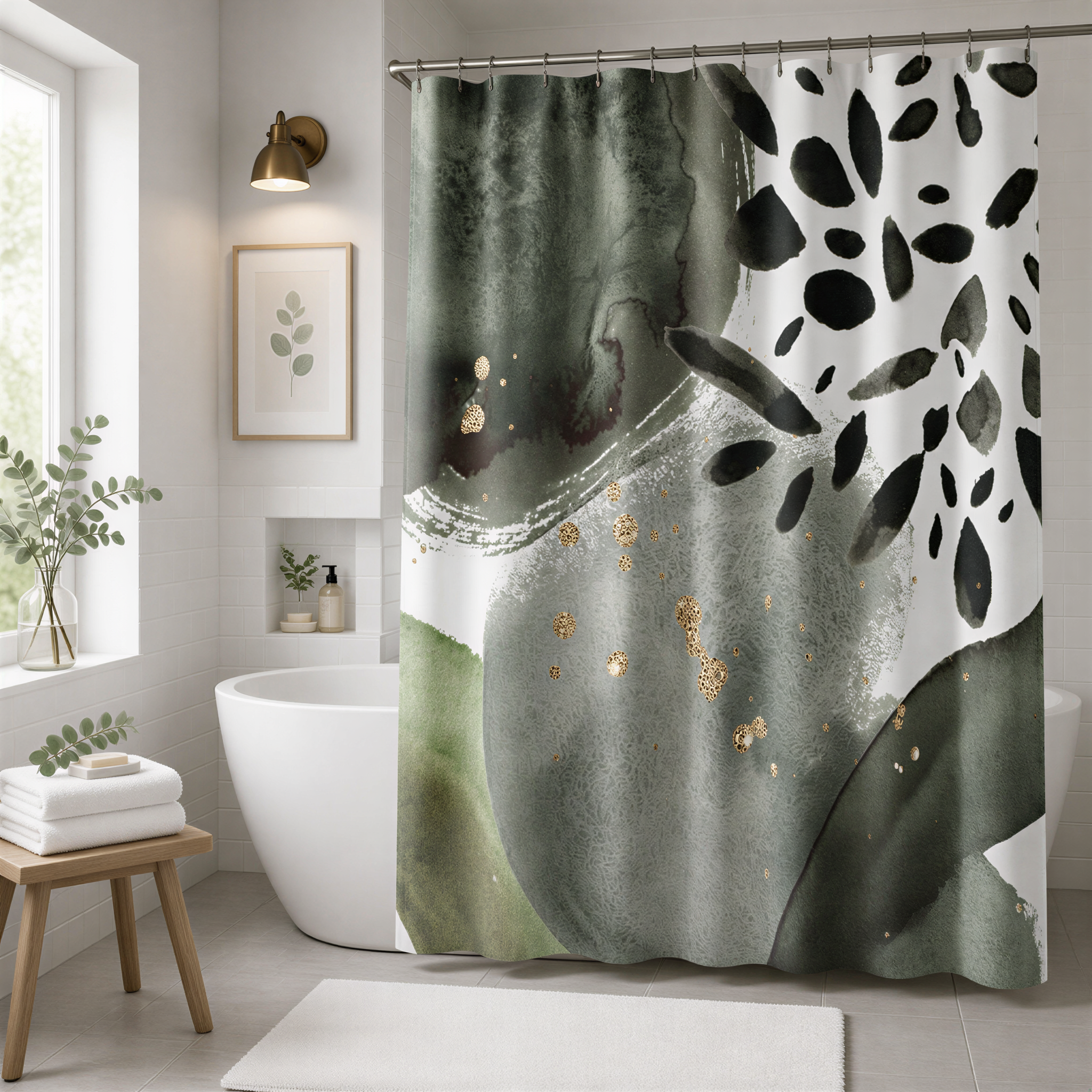 a modern bathroom with a large abstract green and black shower curtain featuring gold leaf accents. The bathroom has a white bathtub, a wooden stool, and a framed picture on the wall.