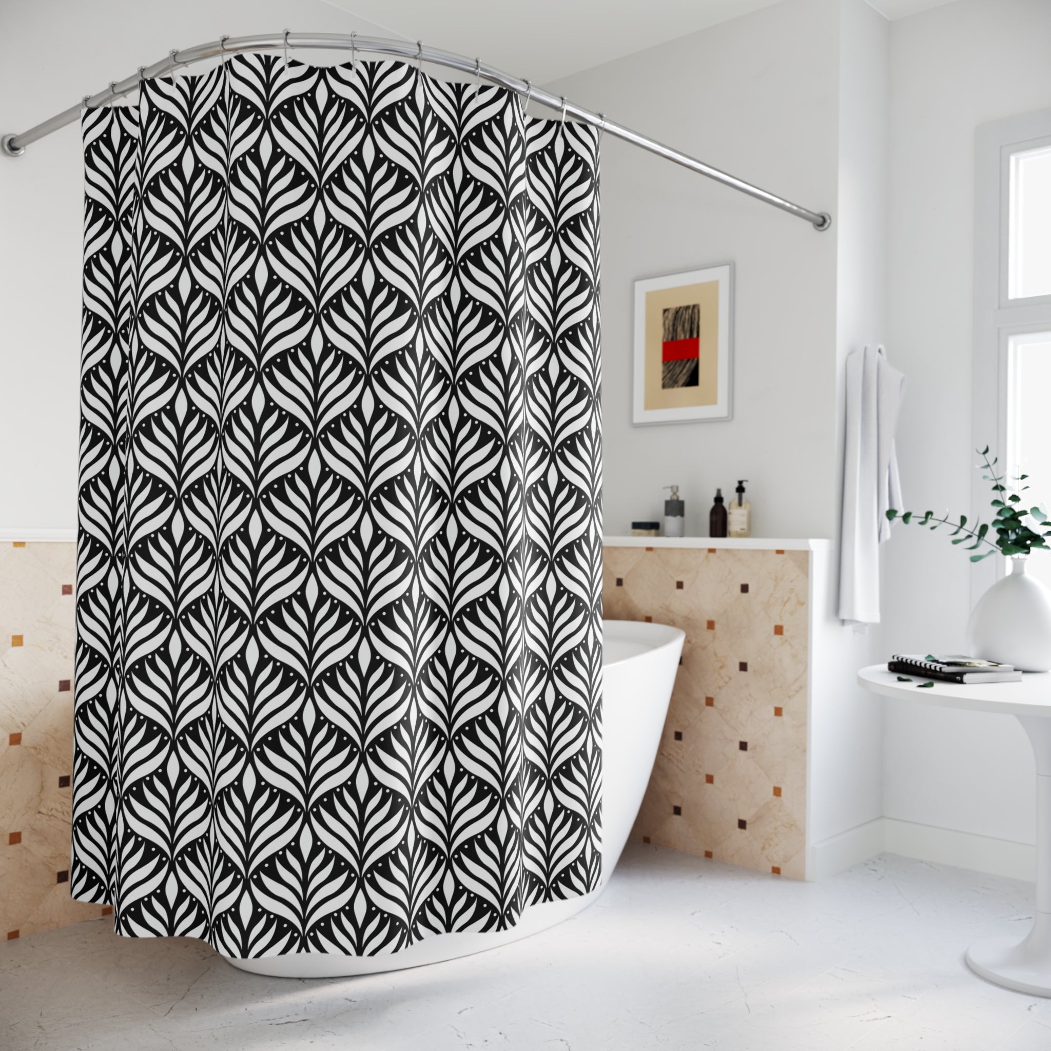 Art Deco Shower Curtain | Black White Art Nouveau Floral