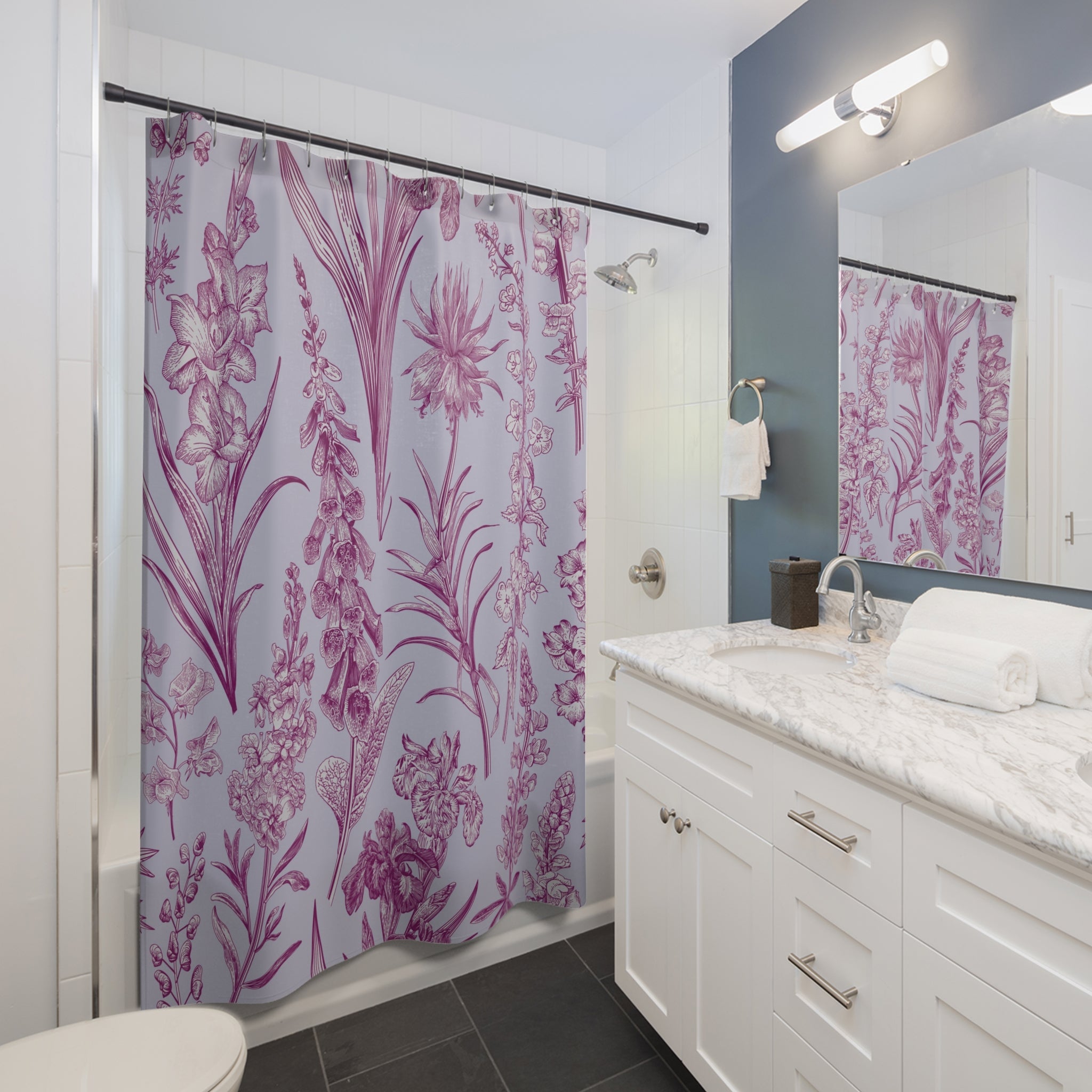 Hygge Boho Shower Curtain | Sky Blue, Lilac Purple Plants