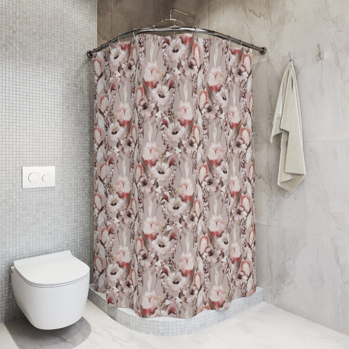 a bathroom with a shower curtain featuring a floral pattern in shades of pink and white. The shower area is adjacent to a toilet, and there is a towel hanging on a hook nearby.