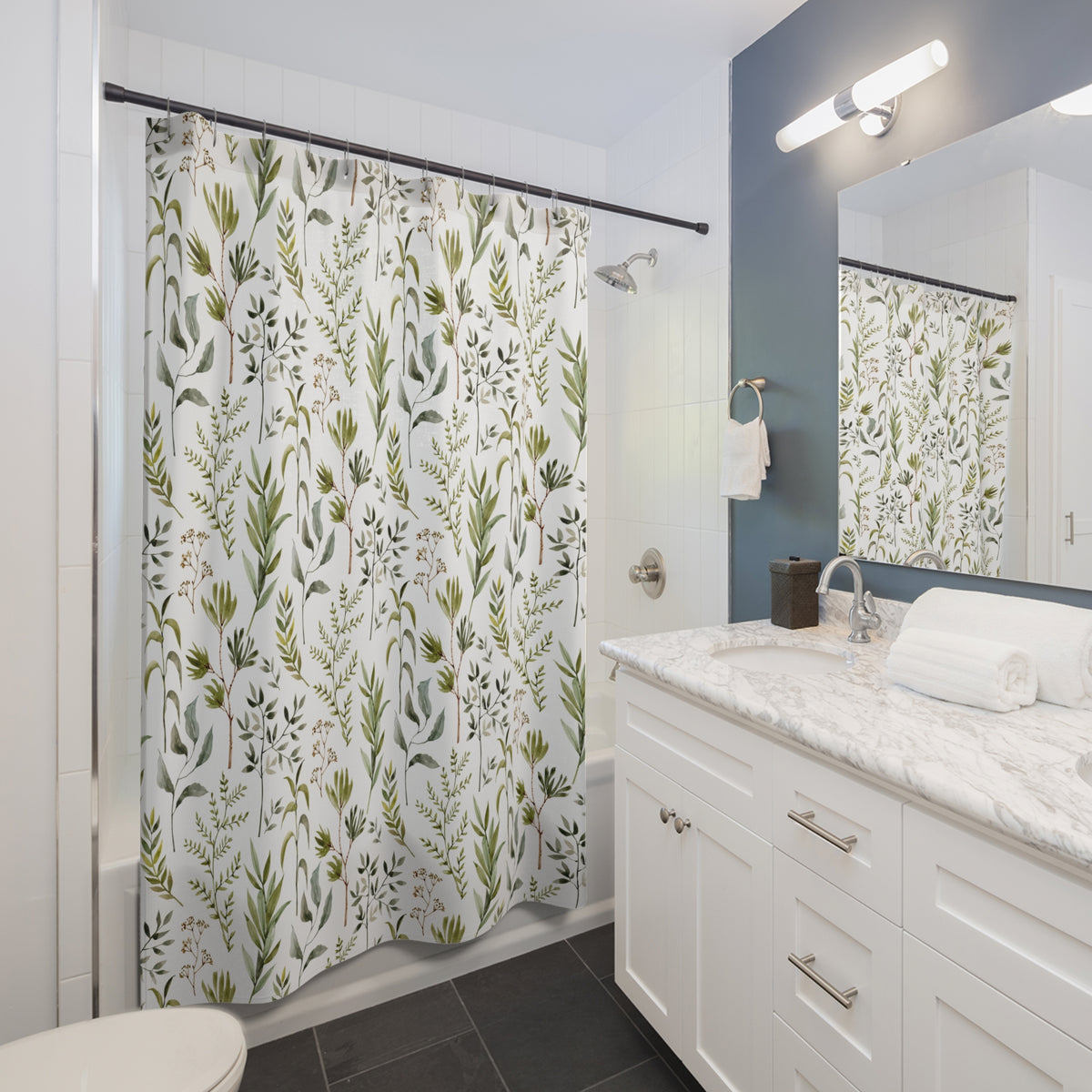 Green White Botanical Herb Shower Curtain, Bath Curtain 71x74