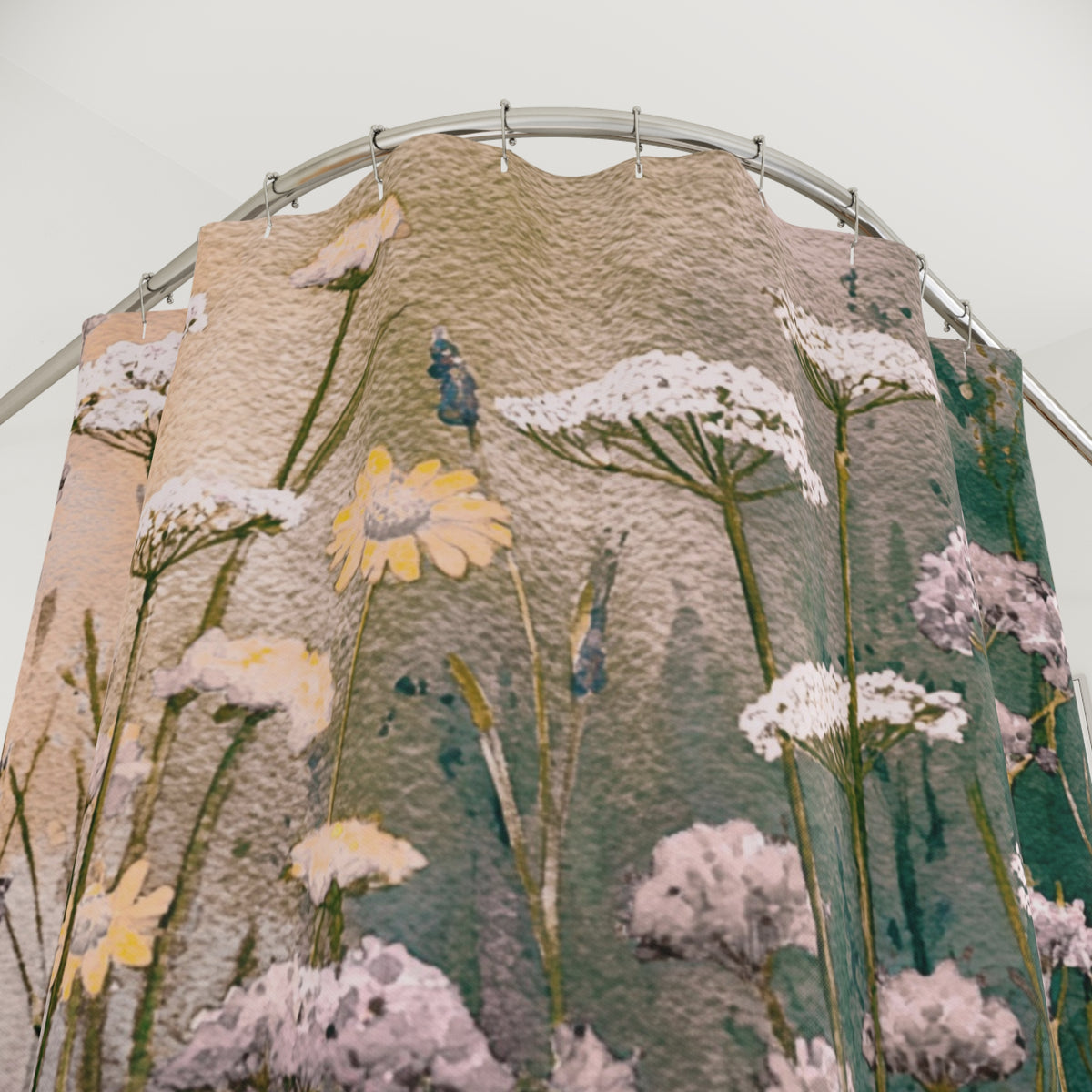 a shower curtain with a floral pattern, including various types of flowers and plants.