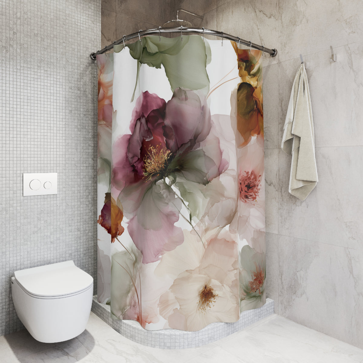 Blush Sage Watercolor Floral Shower Curtain, Bath Curtain 71x74