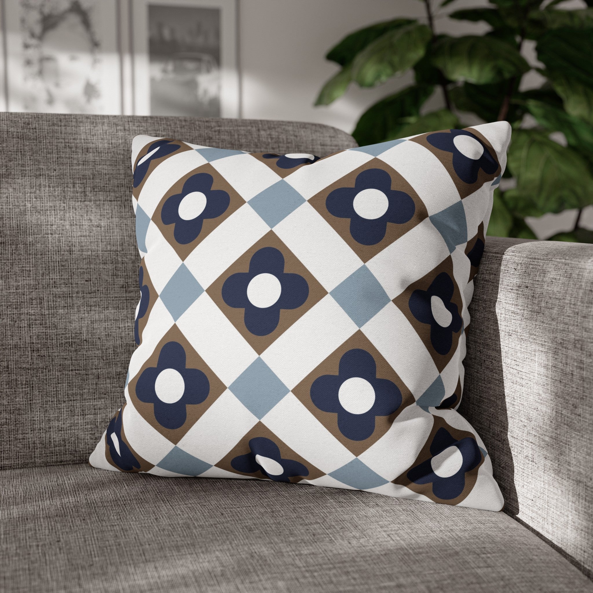 Retro Pillow Cover | Vintage Art Deco, Nouveau Blue, Beige White