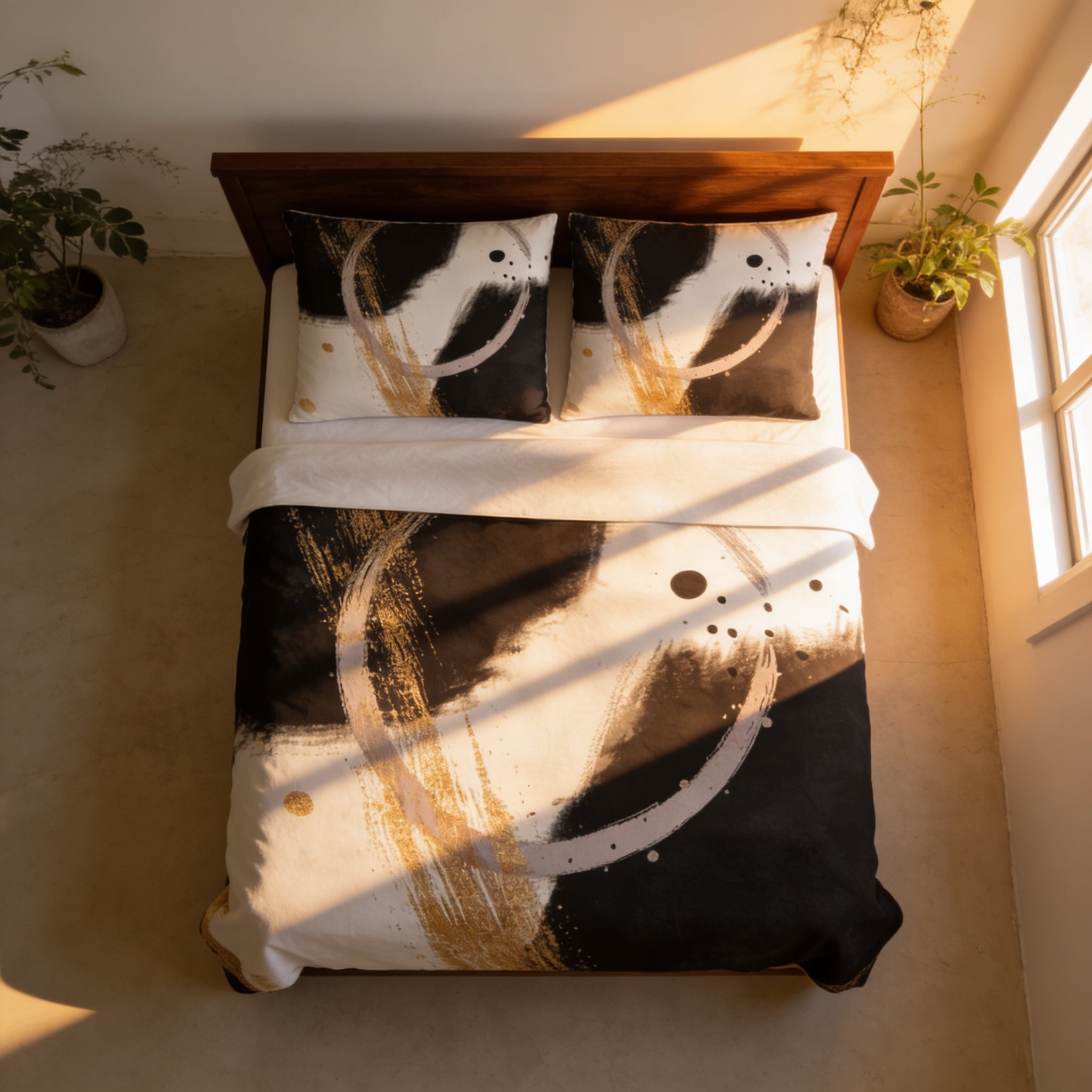 a bedroom with a bed featuring a black and white abstract design on the comforter and matching pillows. The bed is positioned against a wall, with a window nearby. There are also two potted plants in the room, one on the left side and the other on the right side.
