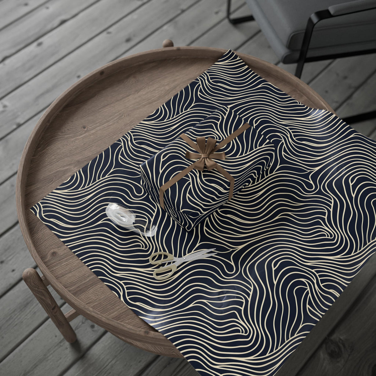 Navy Cream Abstract Wavy Lines Wrapping Paper, Gift Wrap