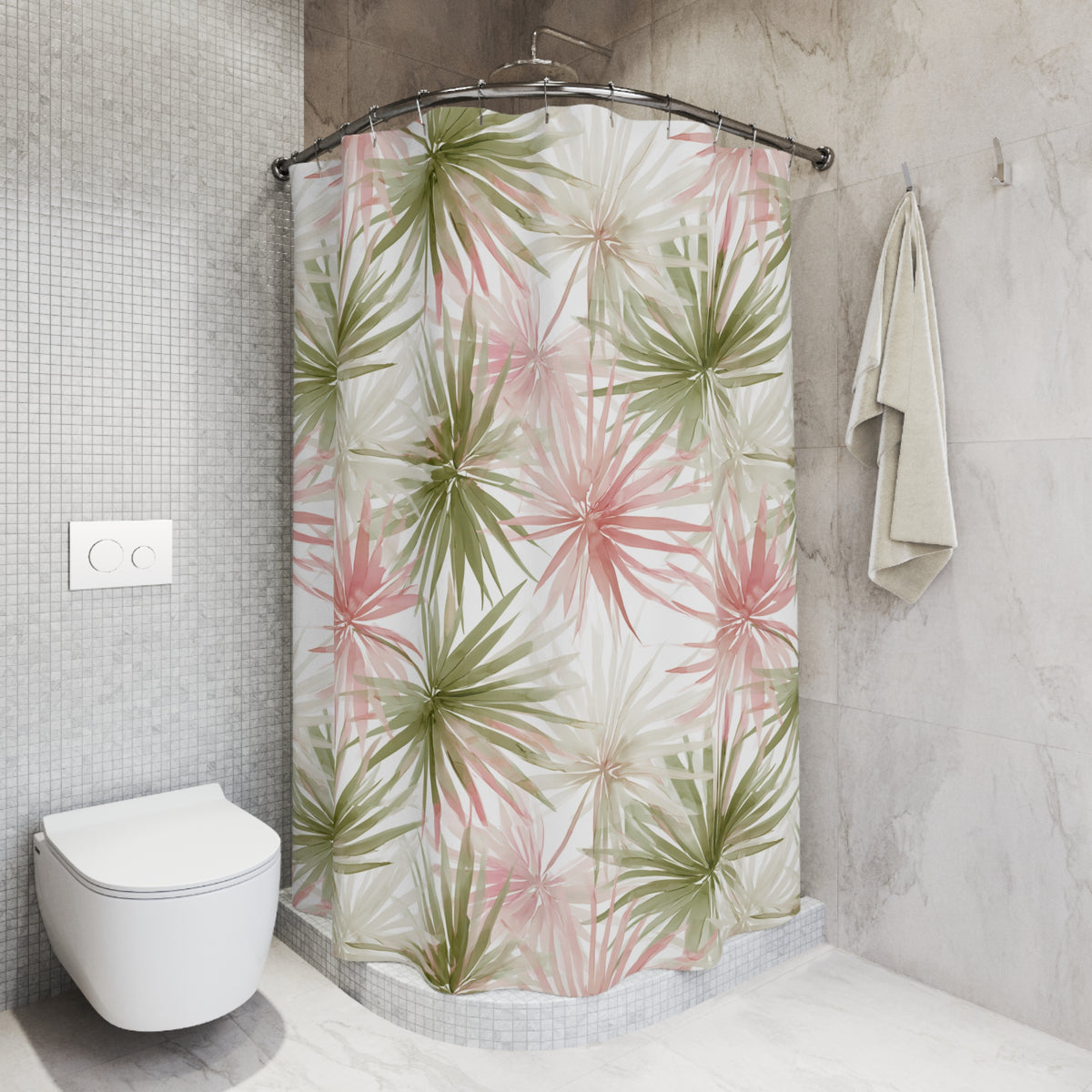 a bathroom with a shower curtain featuring a tropical leaf pattern in shades of pink and green. The shower area is located next to a toilet, and there is a towel hanging on a hook nearby.