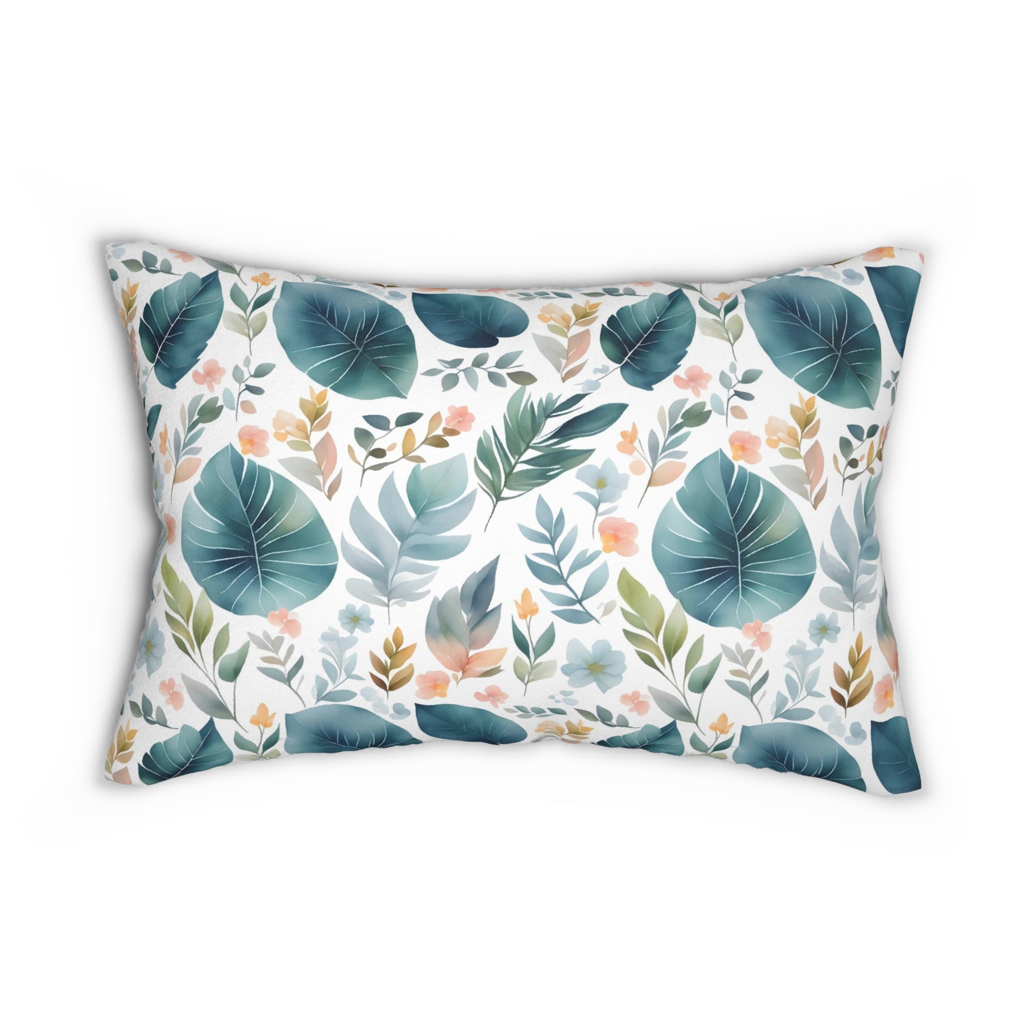 Boho Lumbar Pillow | White Teal Blue, Green Leaves