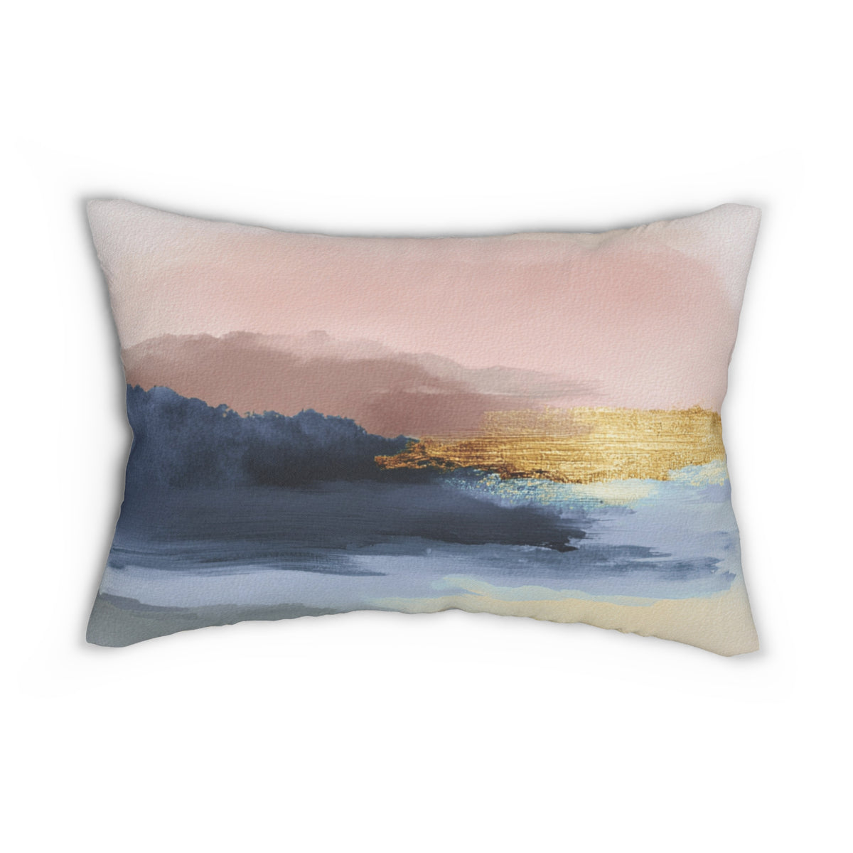 a square pillow with a vibrant abstract painting depicting a serene landscape with a body of water and mountains in the background.