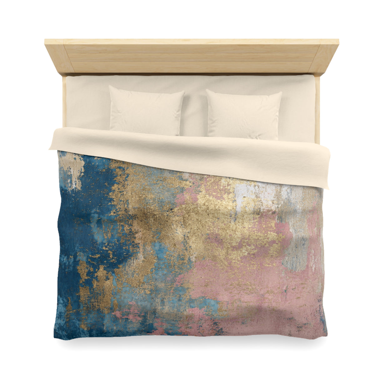 a bed with a colorful, abstract patterned comforter and pillows.