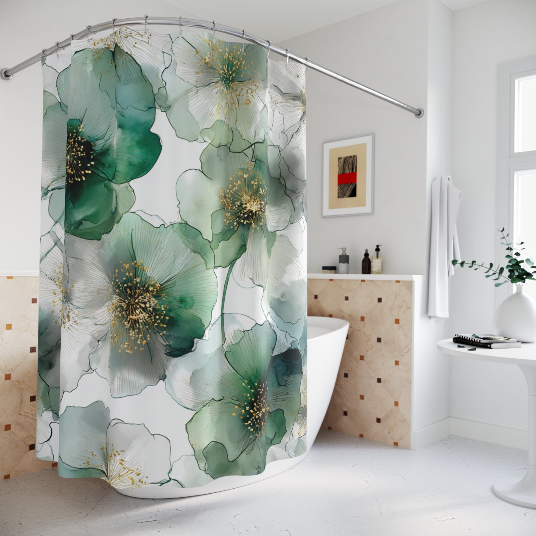 Boho Shower Curtain | Sage Green Watercolor Ombre Bathroom Decor