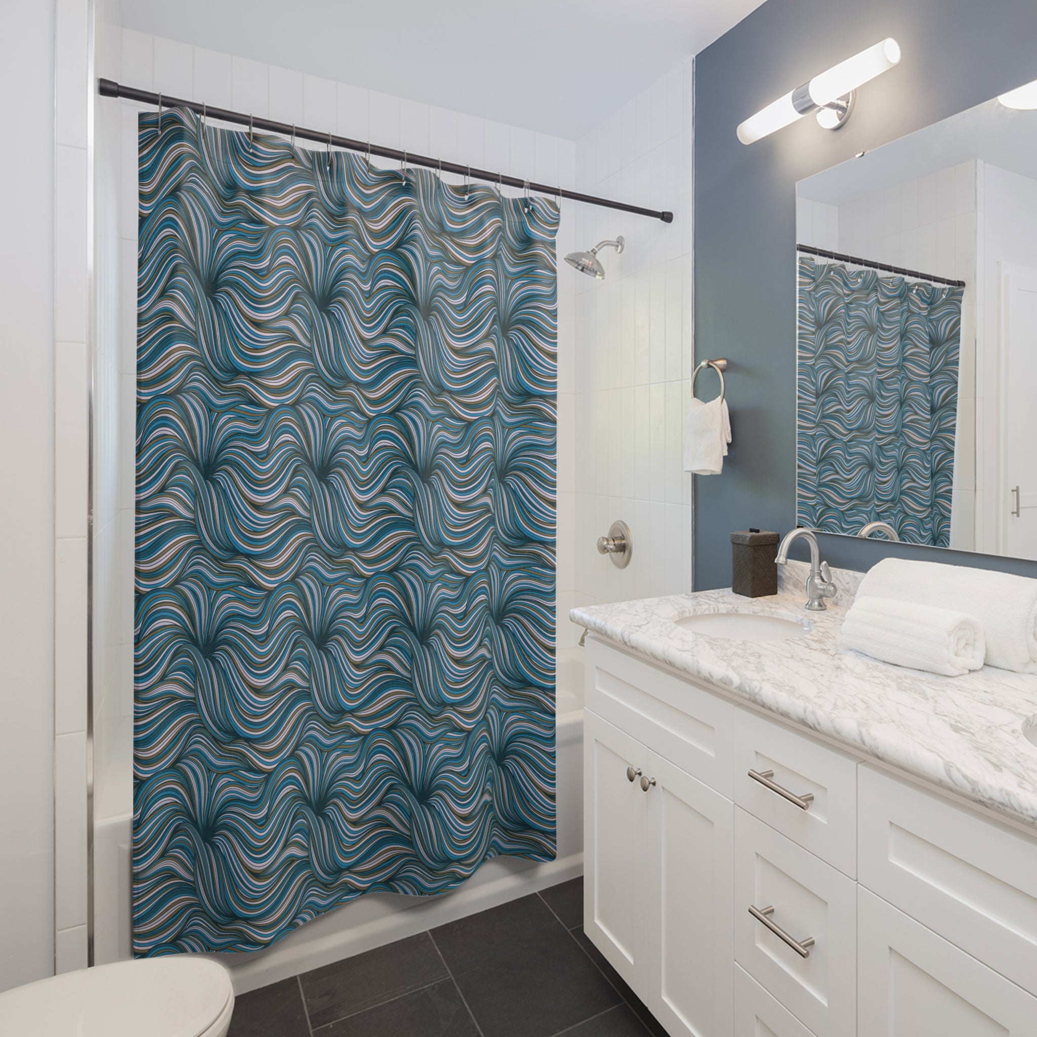 Teal Abstract Wave Shower Curtain, Flowy Polyester Bath Curtain