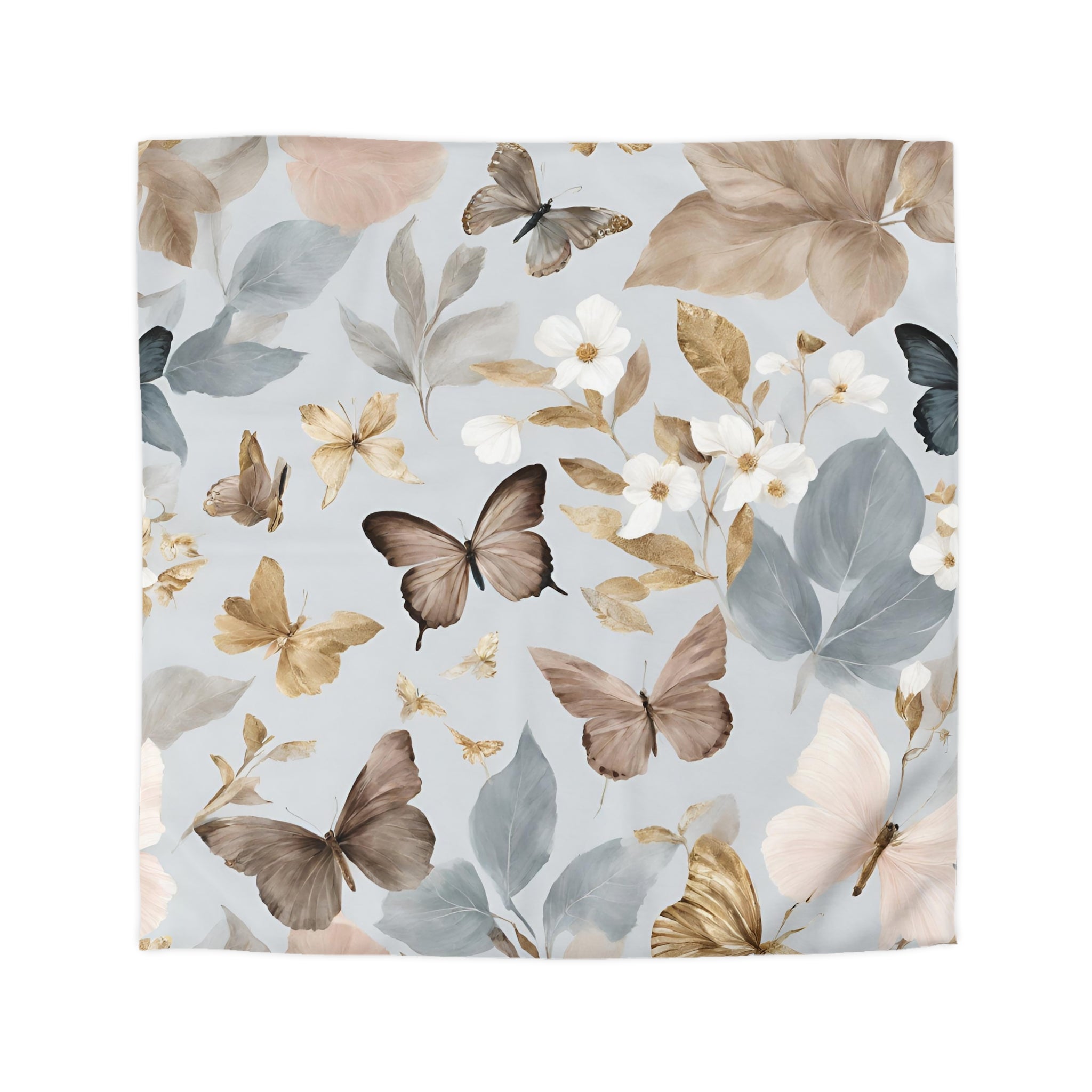 a square pattern with a variety of butterflies and flowers in shades of brown, white, and gray.