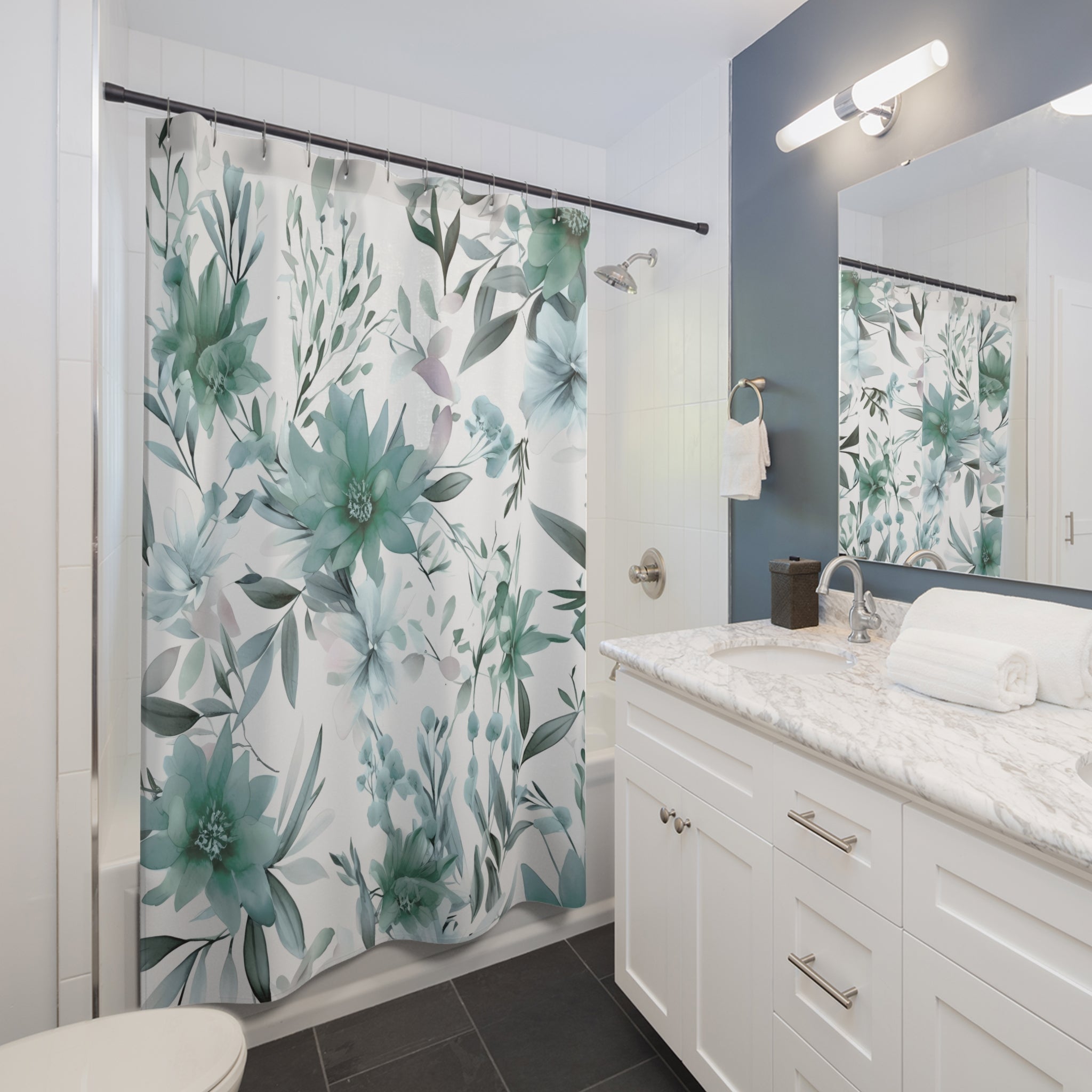 Floral Shower Curtain | Sage Green, White Watercolor