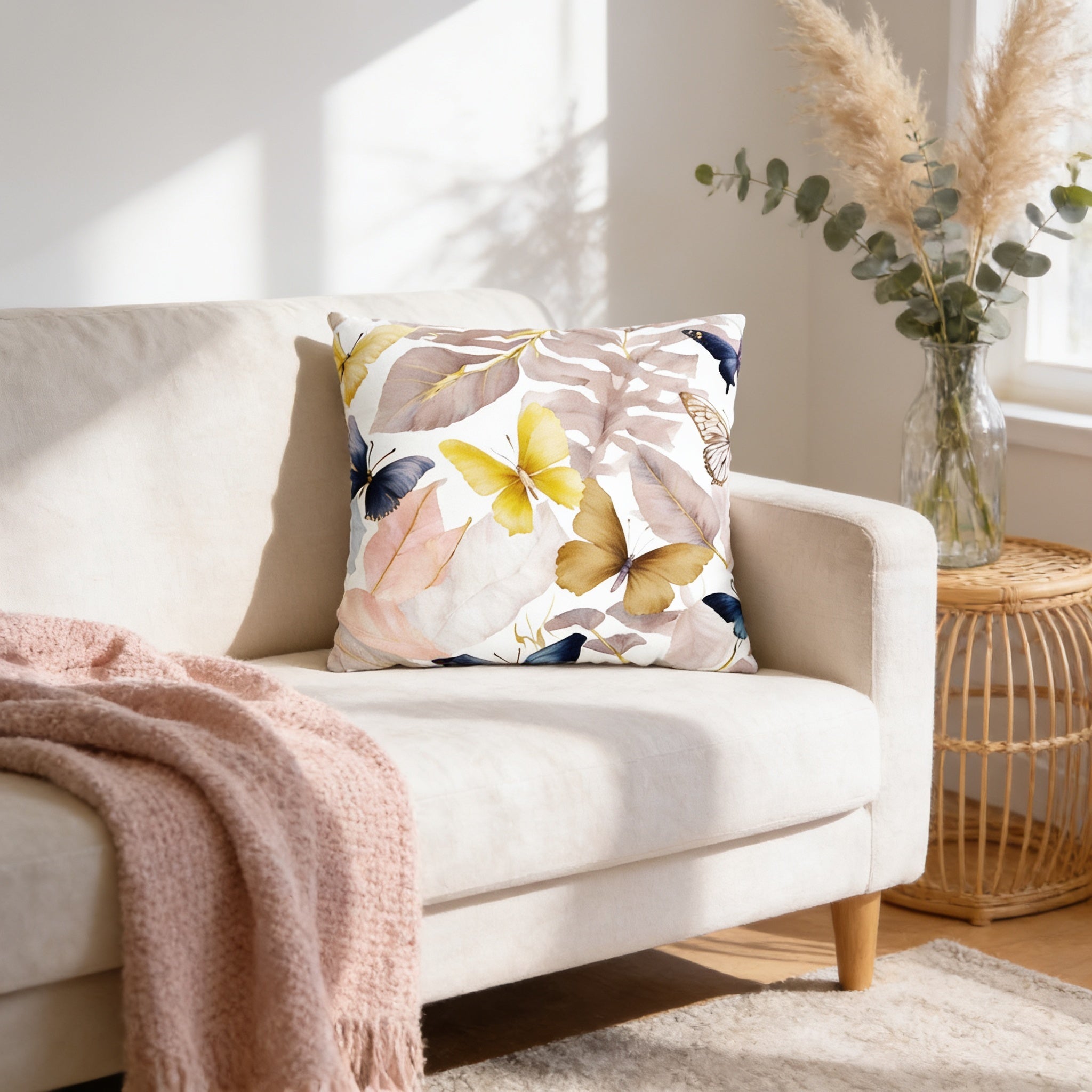 a cozy living room with a white sofa adorned with a colorful throw pillow, a pink blanket draped over the arm, and a vase of greenery on a side table.