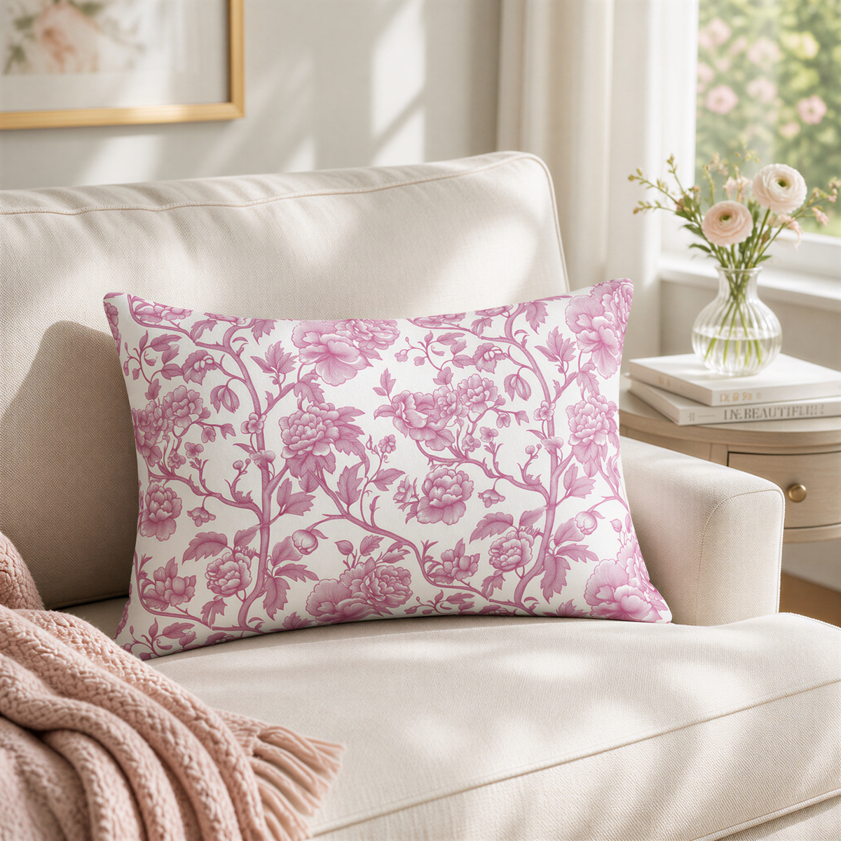 A cozy living room with a beige sofa, a pink floral throw pillow, and a vase of pink flowers on a small side table.