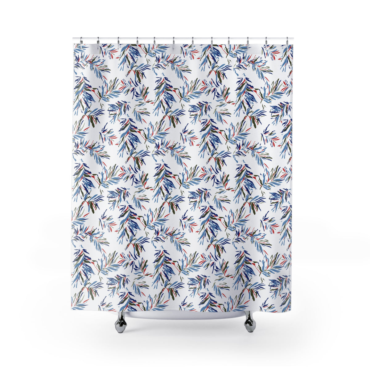 a shower curtain with a repeating pattern of blue and green leaves.