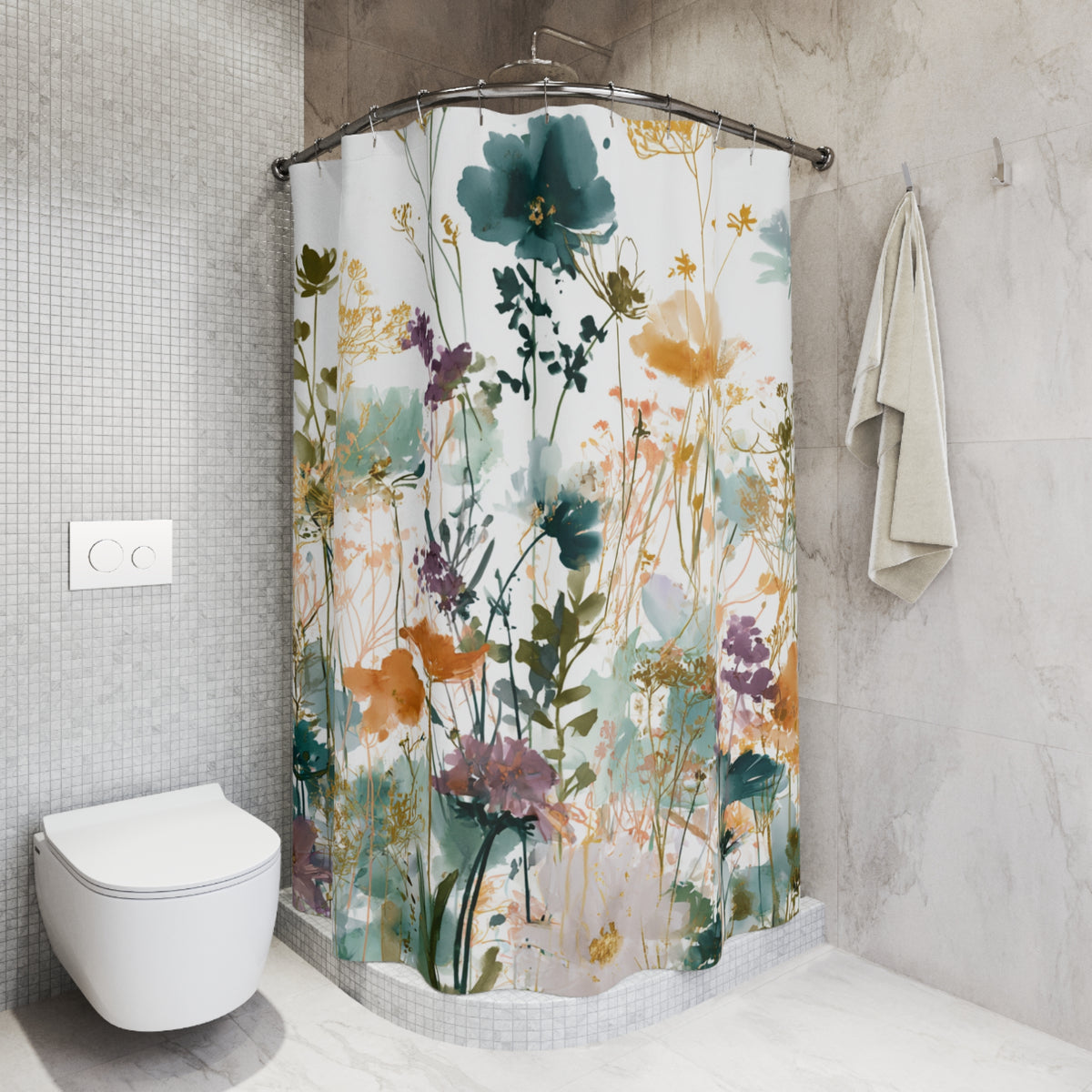 Teal Orange Boho Wildflower Shower Curtain, Bath Curtain 71x74