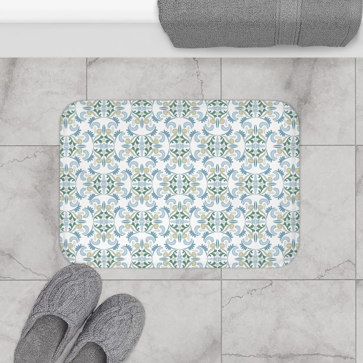 Blue Sage Mediterranean Tile Bath Mat, Boho Bathroom Rug