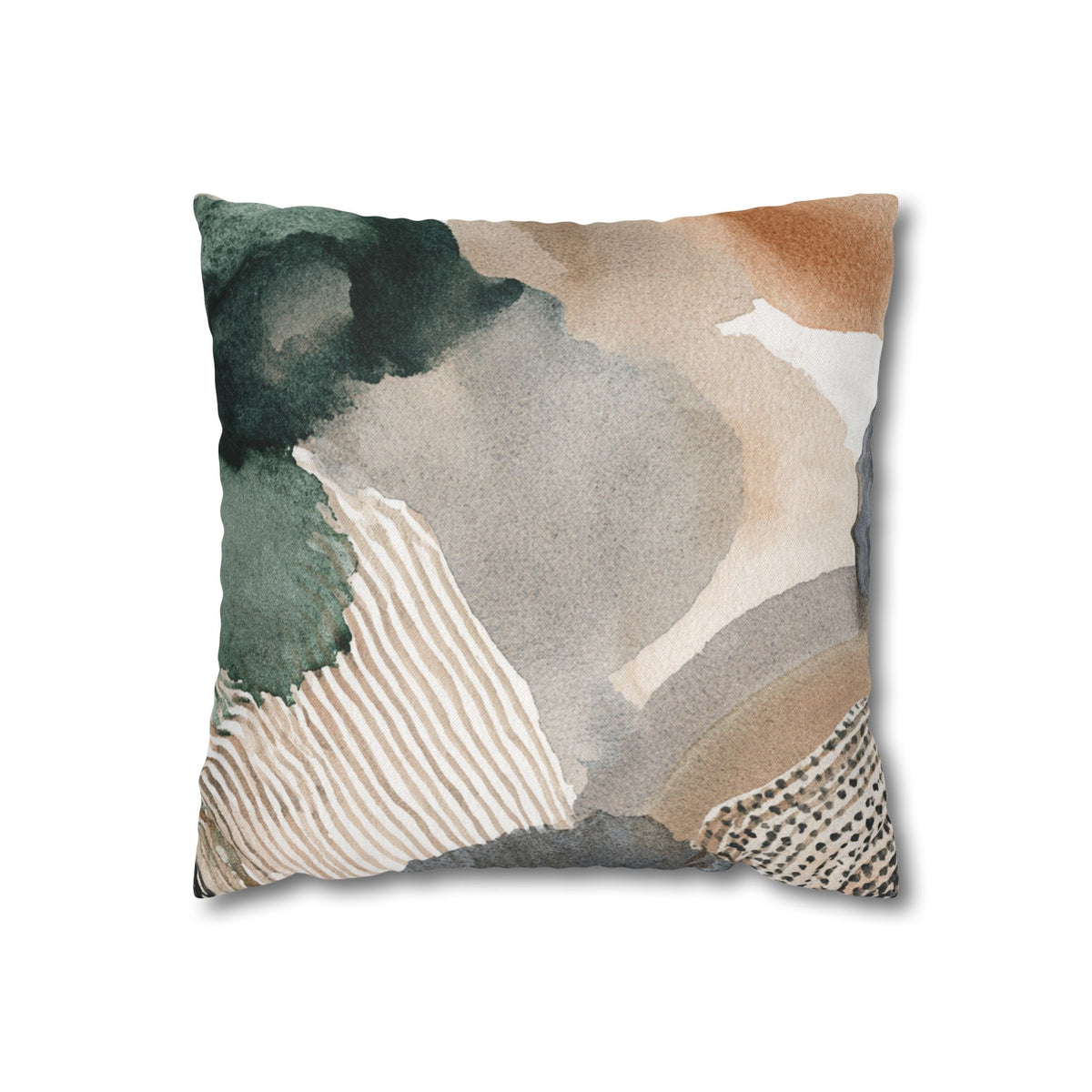 a square throw pillow with an abstract watercolor-style design in shades of green, brown, and gray.