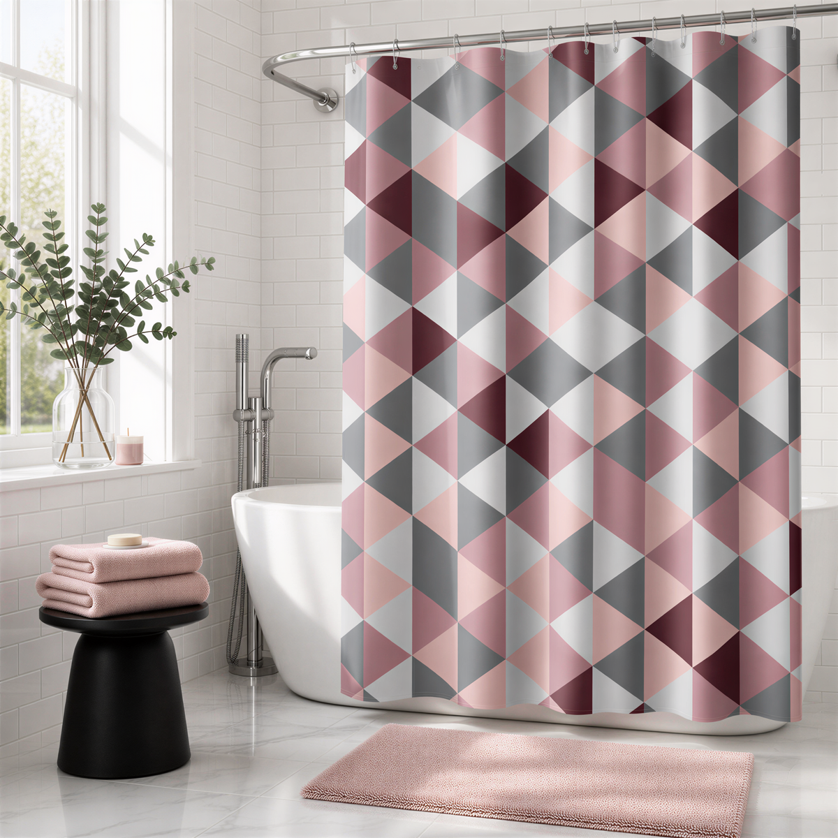a bathroom with a white tiled wall, a white bathtub, and a pink and gray geometric patterned shower curtain. There is also a potted plant and a vase on the windowsill, adding a touch of greenery to the space.