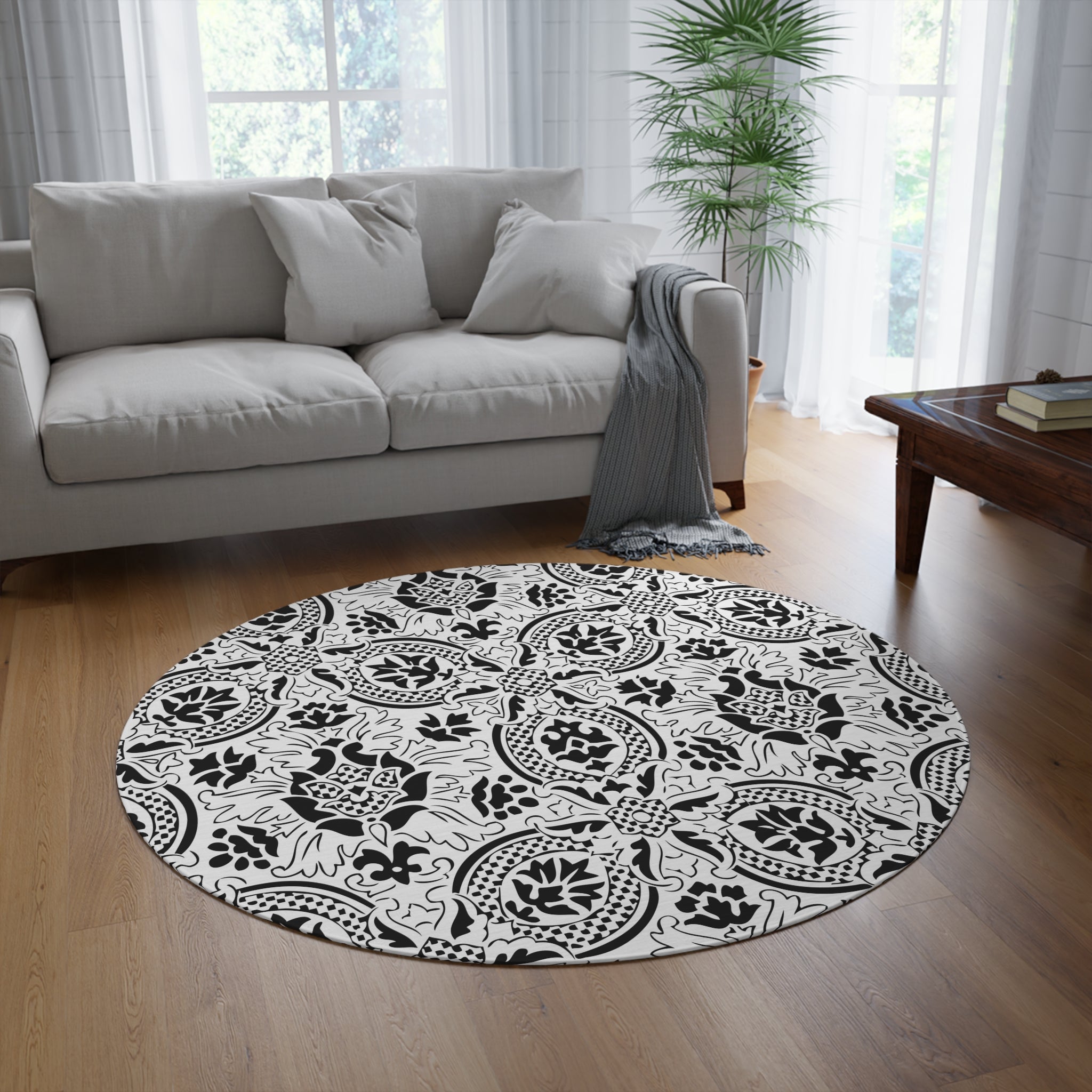 Moroccan Round Area Rug | Black White, Art Deco, Nouveau