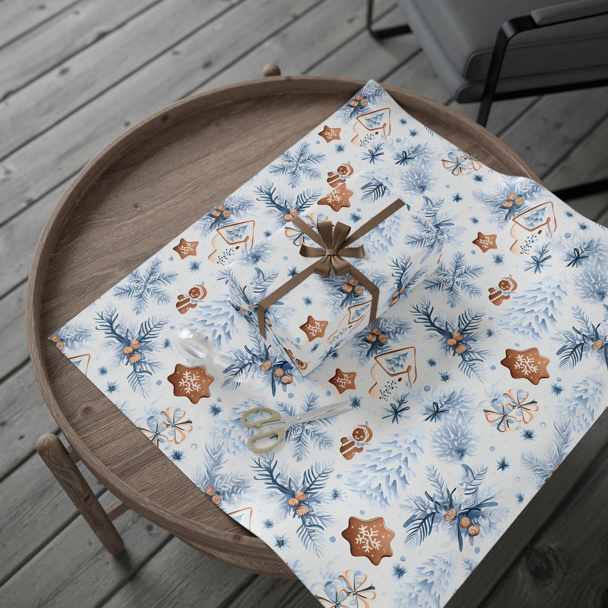 Blue Pine Gingerbread Winter Wrapping Paper, Christmas Gift Wrap