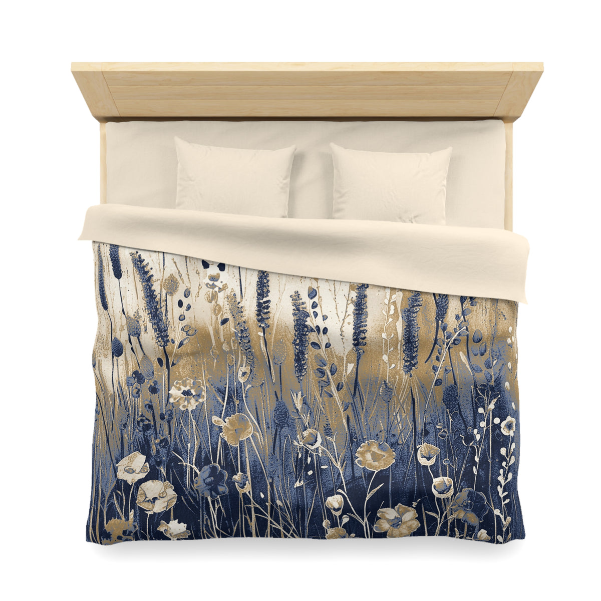 a bed with a floral patterned comforter and pillows.