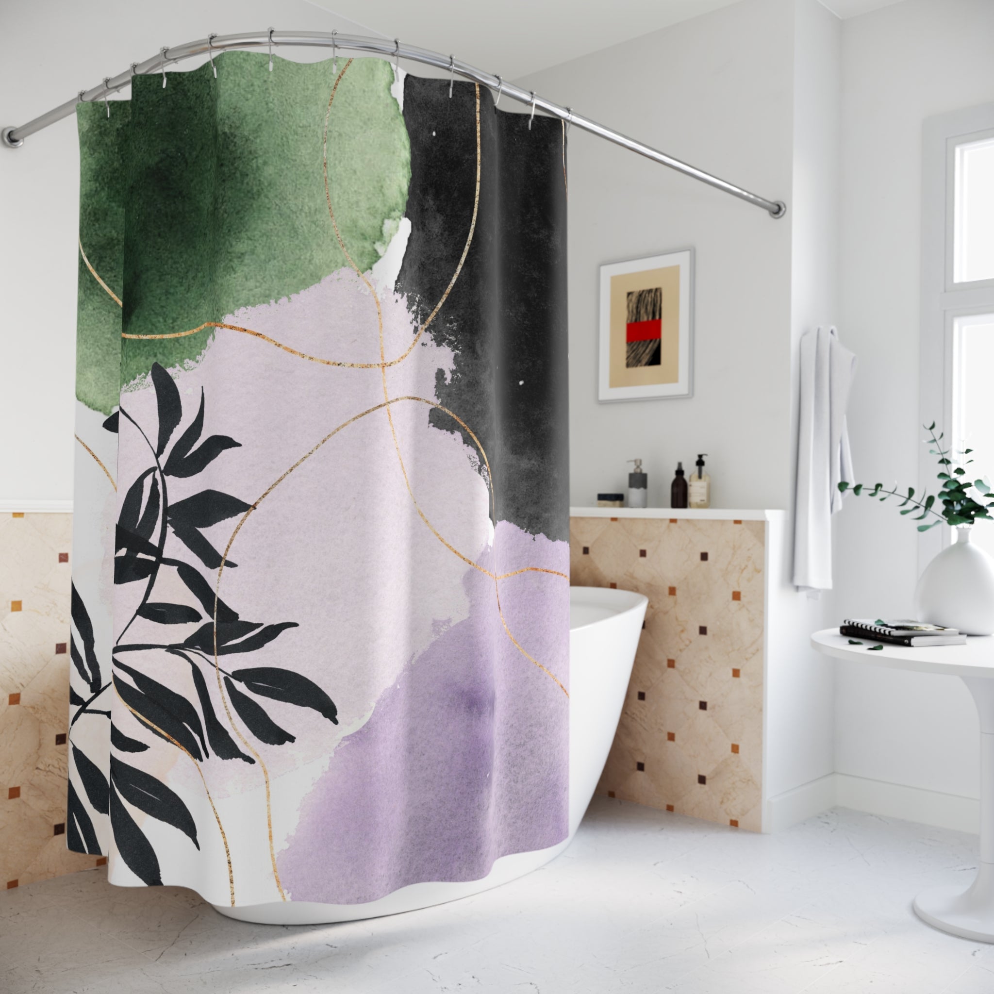 Abstract Shower Curtain | Artsy Black Leaves, Lavender Blush, Green